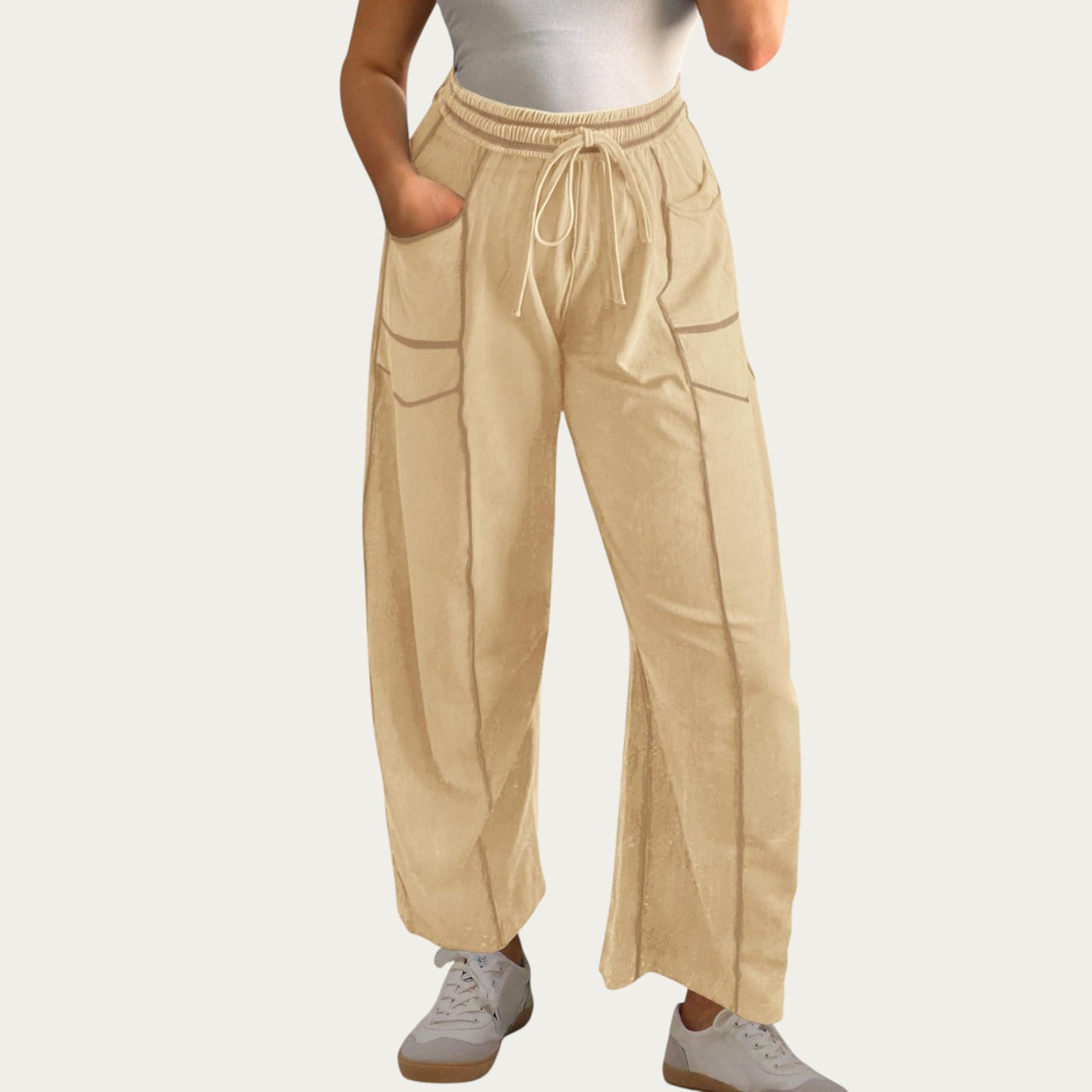 Soft Wide Leg Pants with Cargo Style Seam Detailing Adjustable Drawstring Waistband and Relaxed Stretch Fit