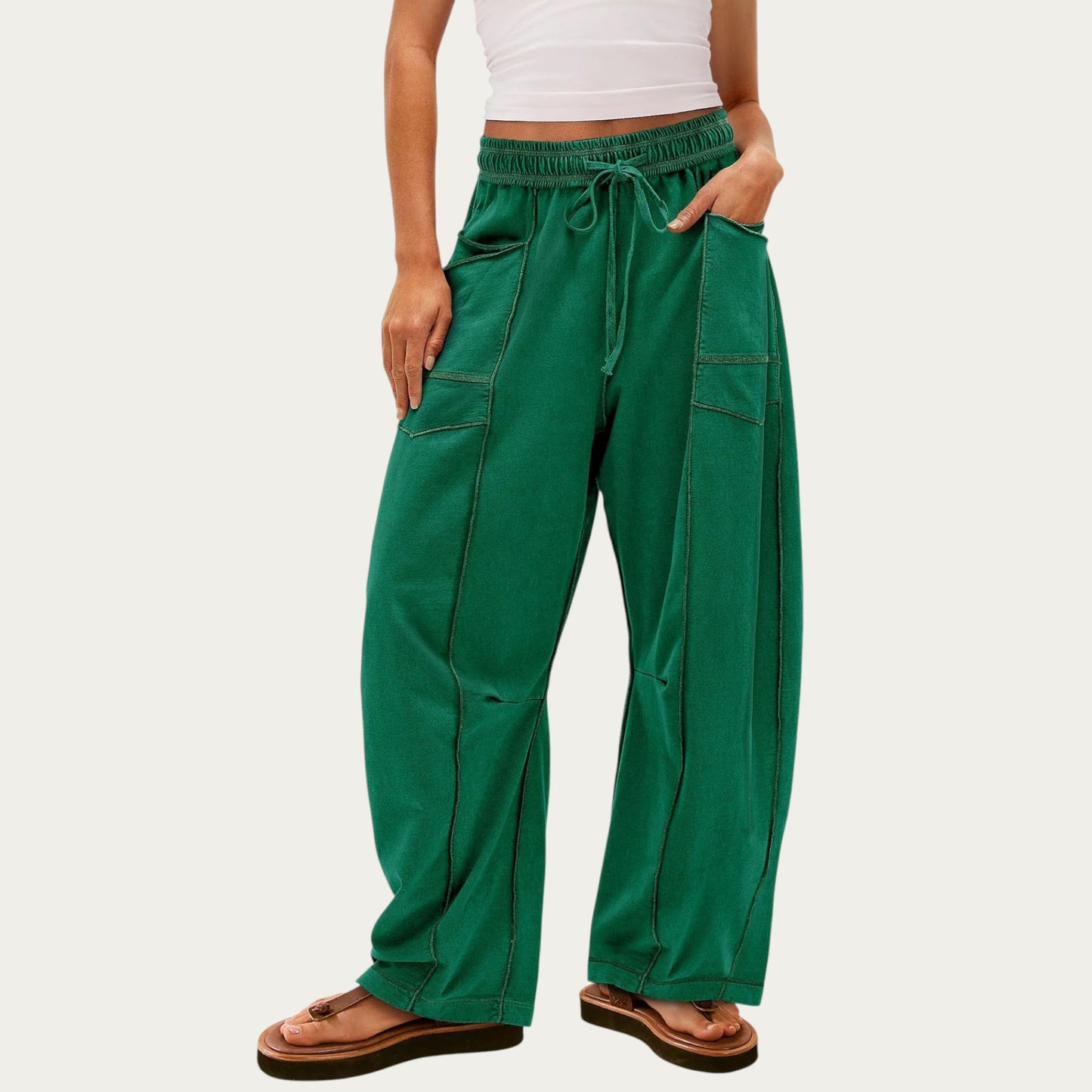 Soft Wide Leg Pants with Cargo Style Seam Detailing Adjustable Drawstring Waistband and Relaxed Stretch Fit