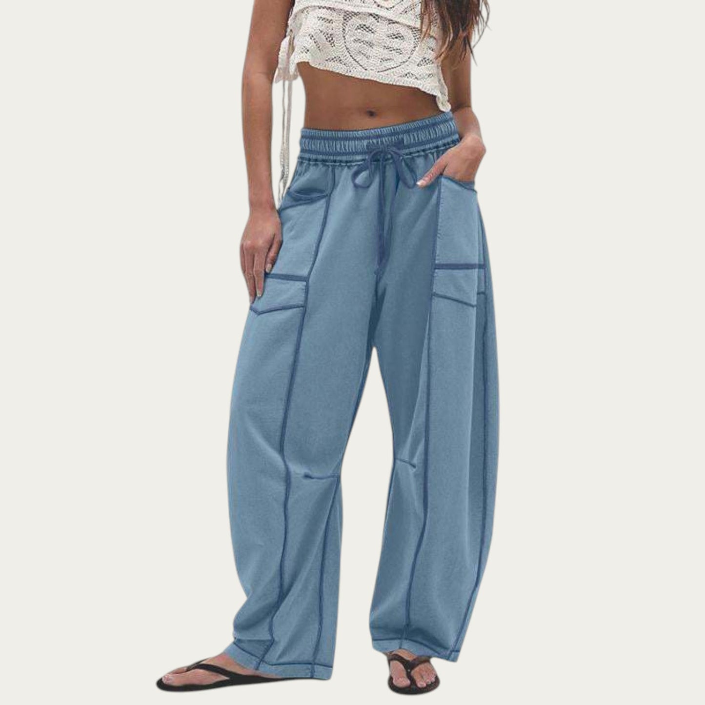 Soft Wide Leg Pants with Cargo Style Seam Detailing Adjustable Drawstring Waistband and Relaxed Stretch Fit