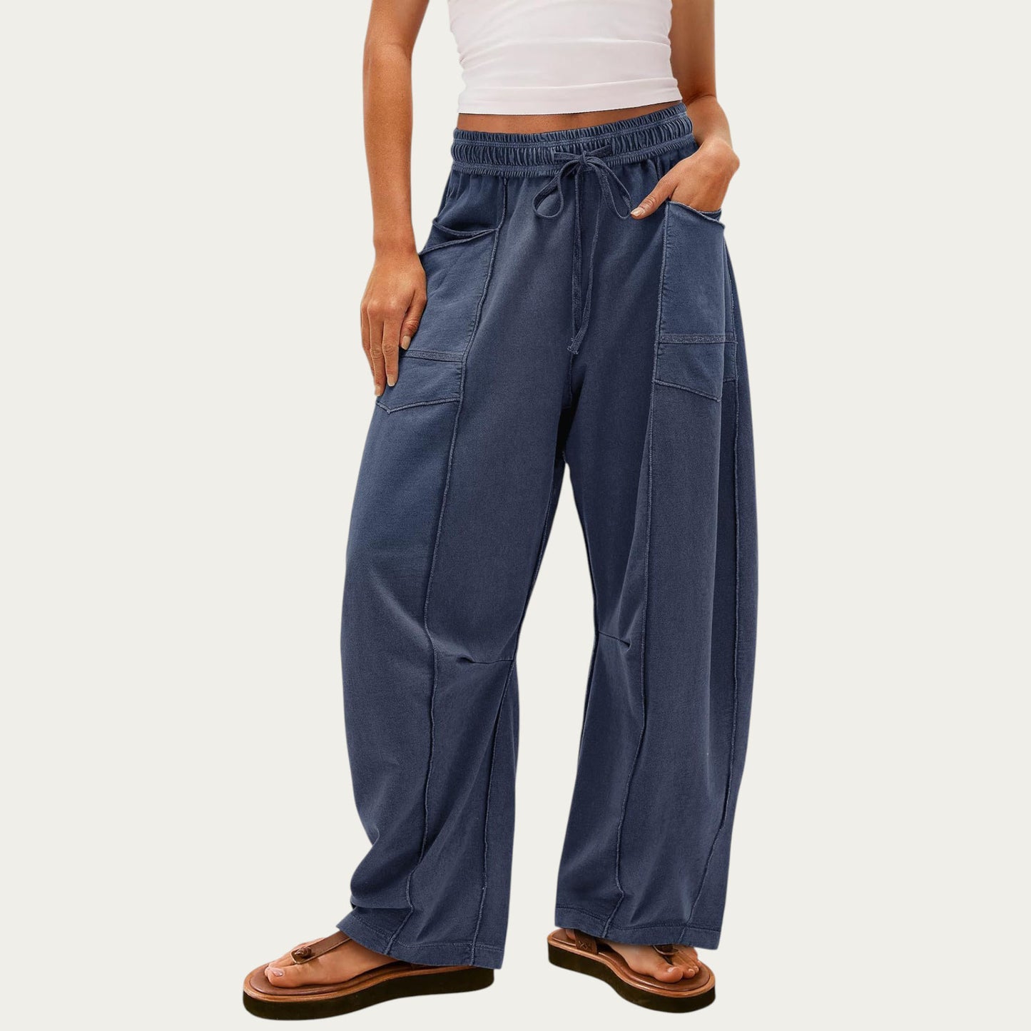 Soft Wide Leg Pants with Cargo Style Seam Detailing Adjustable Drawstring Waistband and Relaxed Stretch Fit