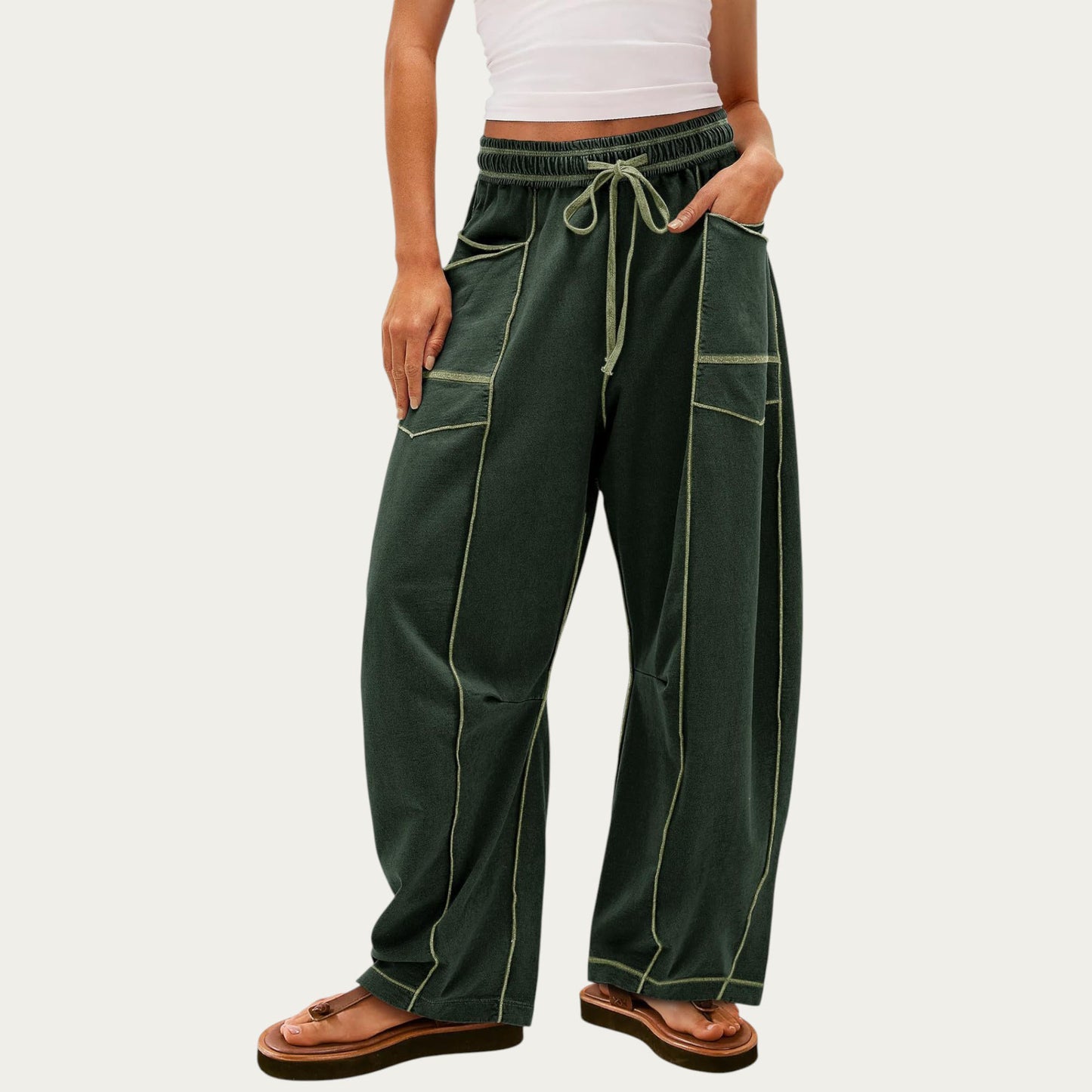 Soft Wide Leg Pants with Cargo Style Seam Detailing Adjustable Drawstring Waistband and Relaxed Stretch Fit