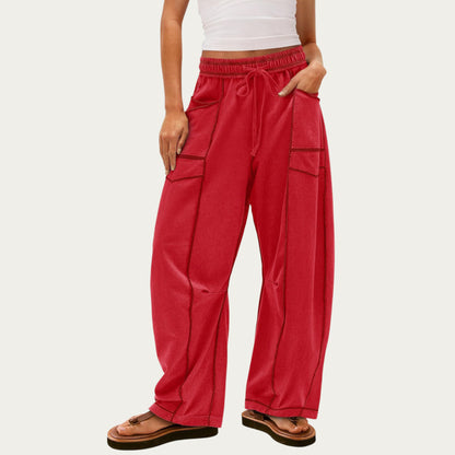 Soft Wide Leg Pants with Cargo Style Seam Detailing Adjustable Drawstring Waistband and Relaxed Stretch Fit
