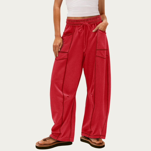 Soft Wide Leg Pants with Cargo Style Seam Detailing Adjustable Drawstring Waistband and Relaxed Stretch Fit