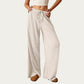 Soft Ribbed Pants with Wide Relaxed Legs Adjustable Drawstring Waistband and Stretch Fabric