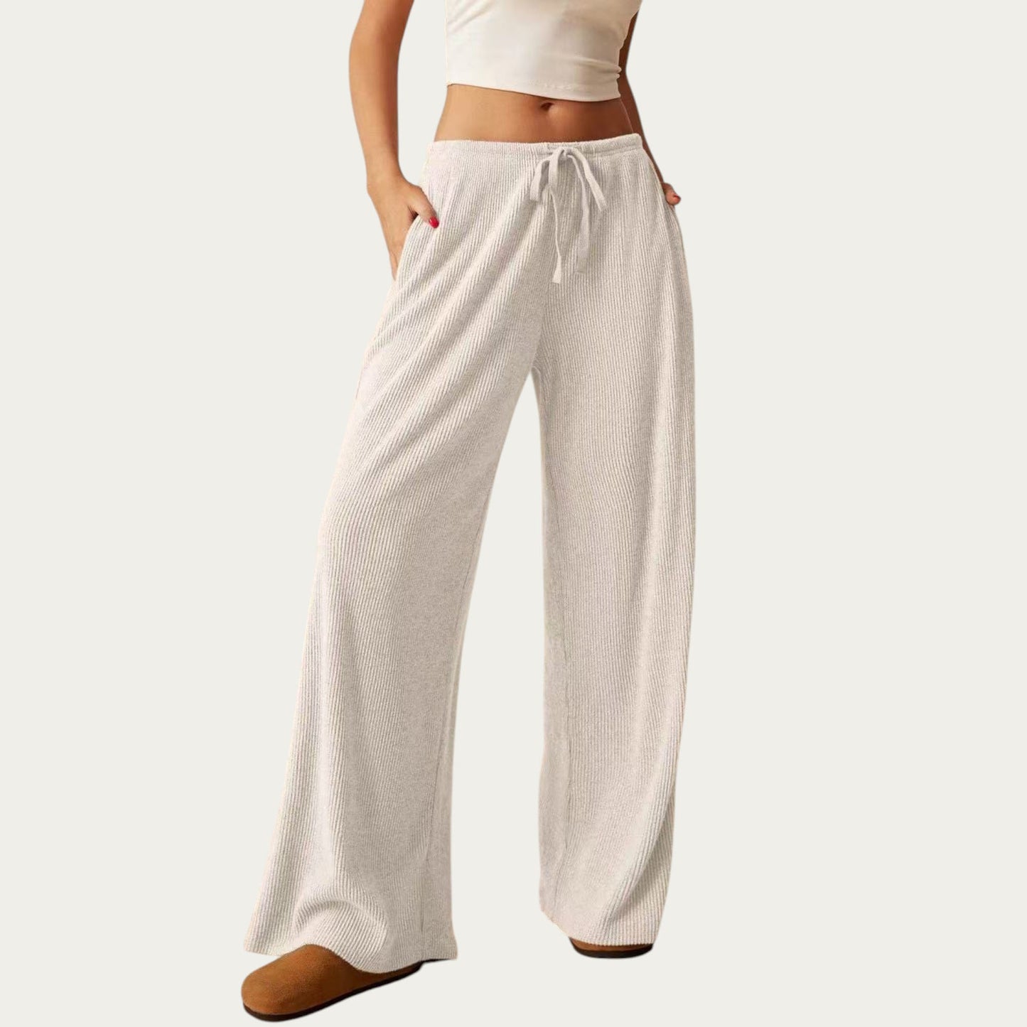 Soft Ribbed Pants with Wide Relaxed Legs Adjustable Drawstring Waistband and Stretch Fabric