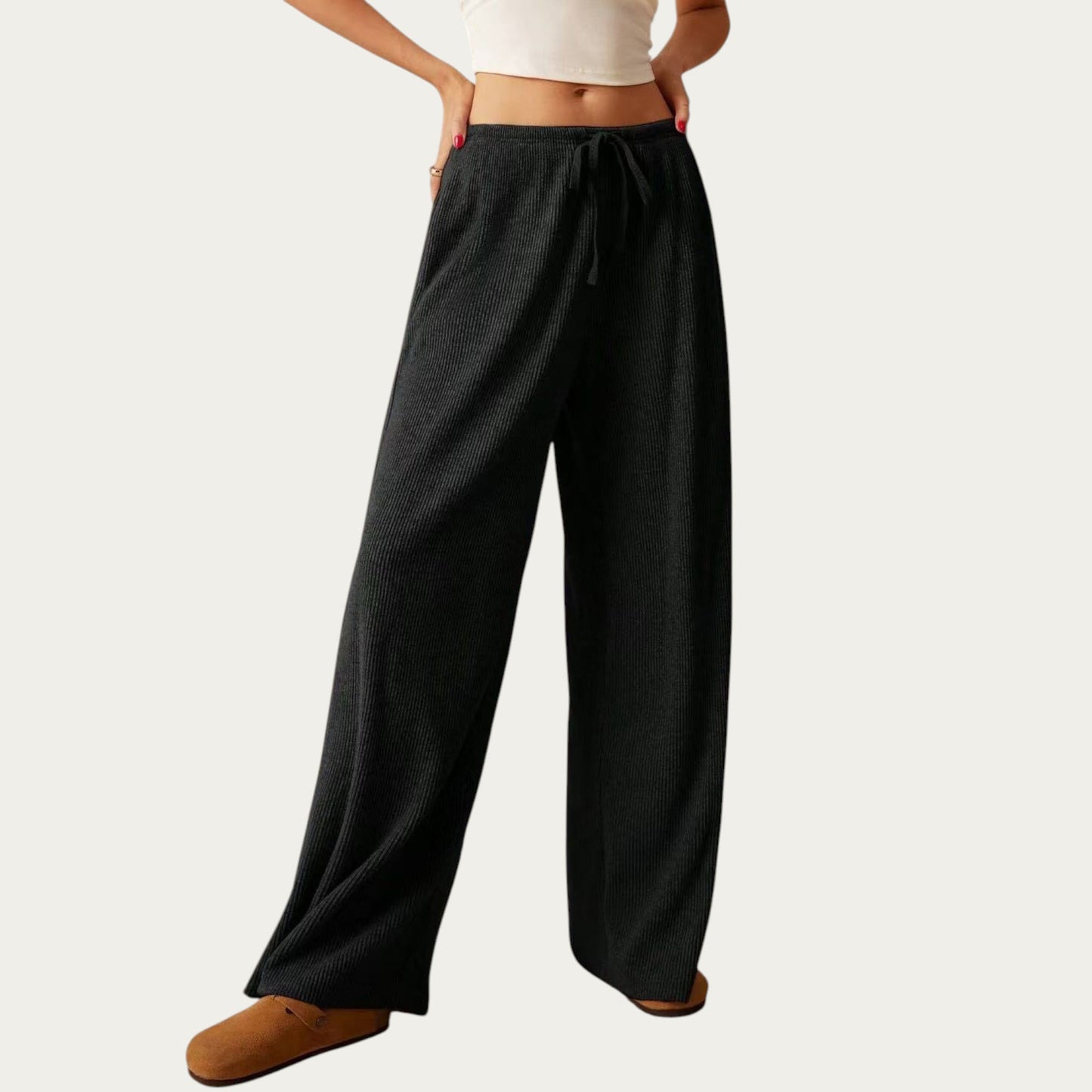 Soft Ribbed Pants with Wide Relaxed Legs Adjustable Drawstring Waistband and Stretch Fabric