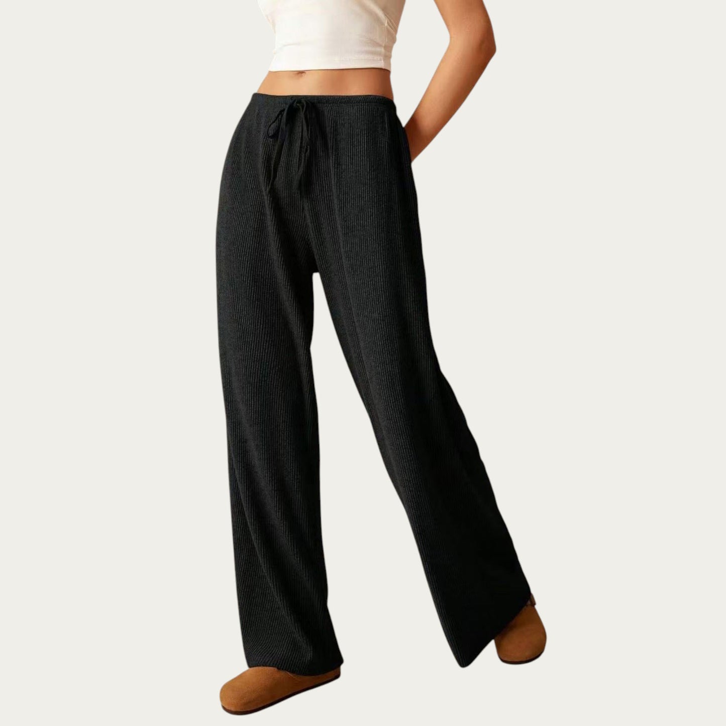 Soft Ribbed Pants with Wide Relaxed Legs Adjustable Drawstring Waistband and Stretch Fabric