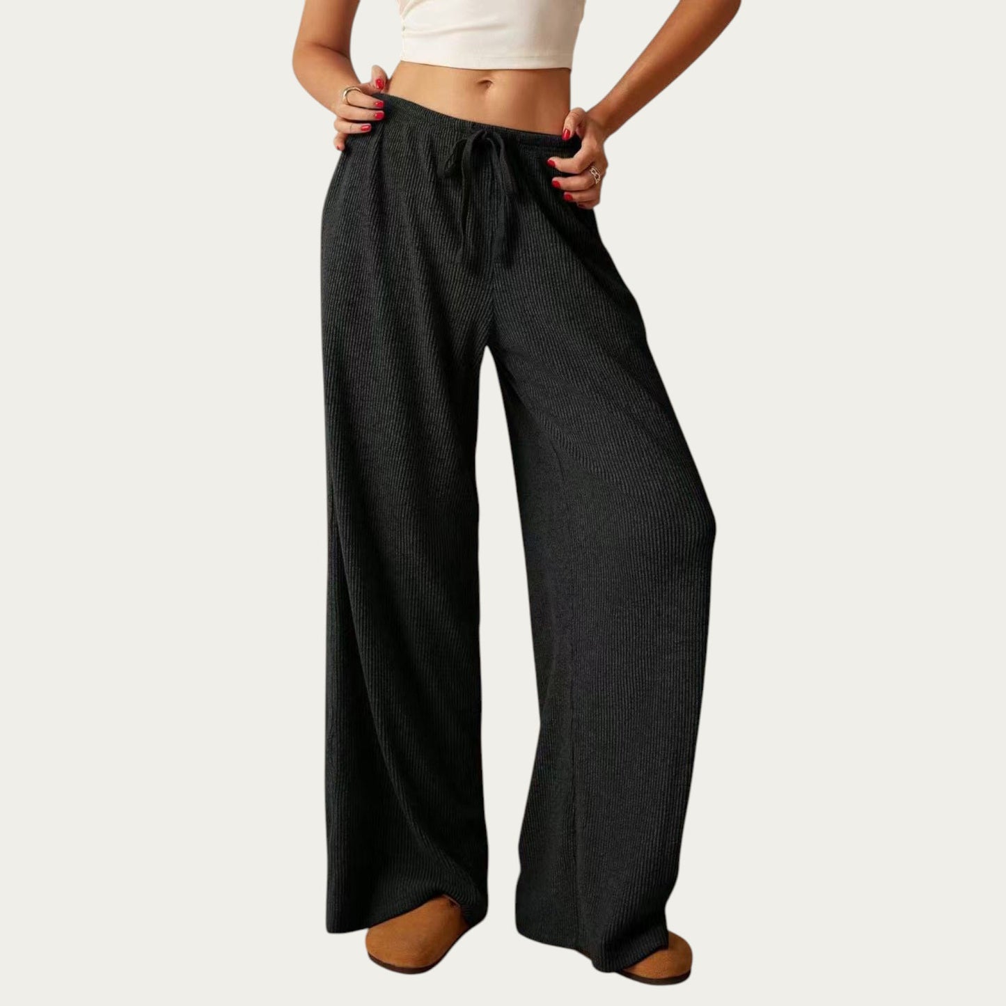Soft Ribbed Pants with Wide Relaxed Legs Adjustable Drawstring Waistband and Stretch Fabric