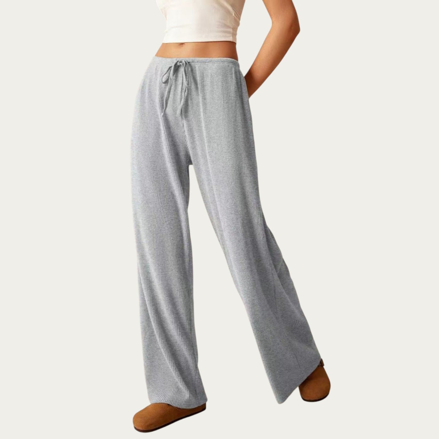 Soft Ribbed Pants with Wide Relaxed Legs Adjustable Drawstring Waistband and Stretch Fabric