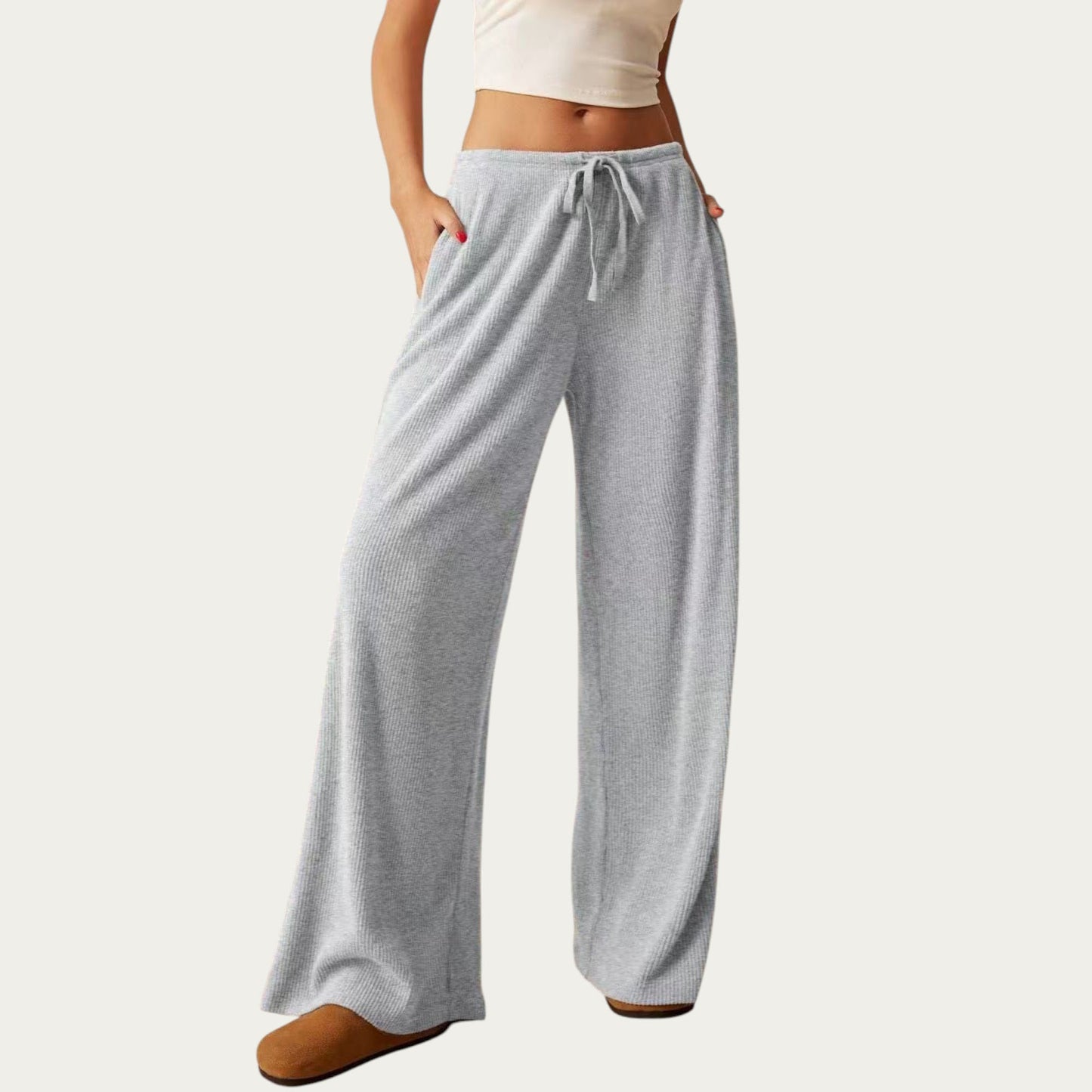 Soft Ribbed Pants with Wide Relaxed Legs Adjustable Drawstring Waistband and Stretch Fabric