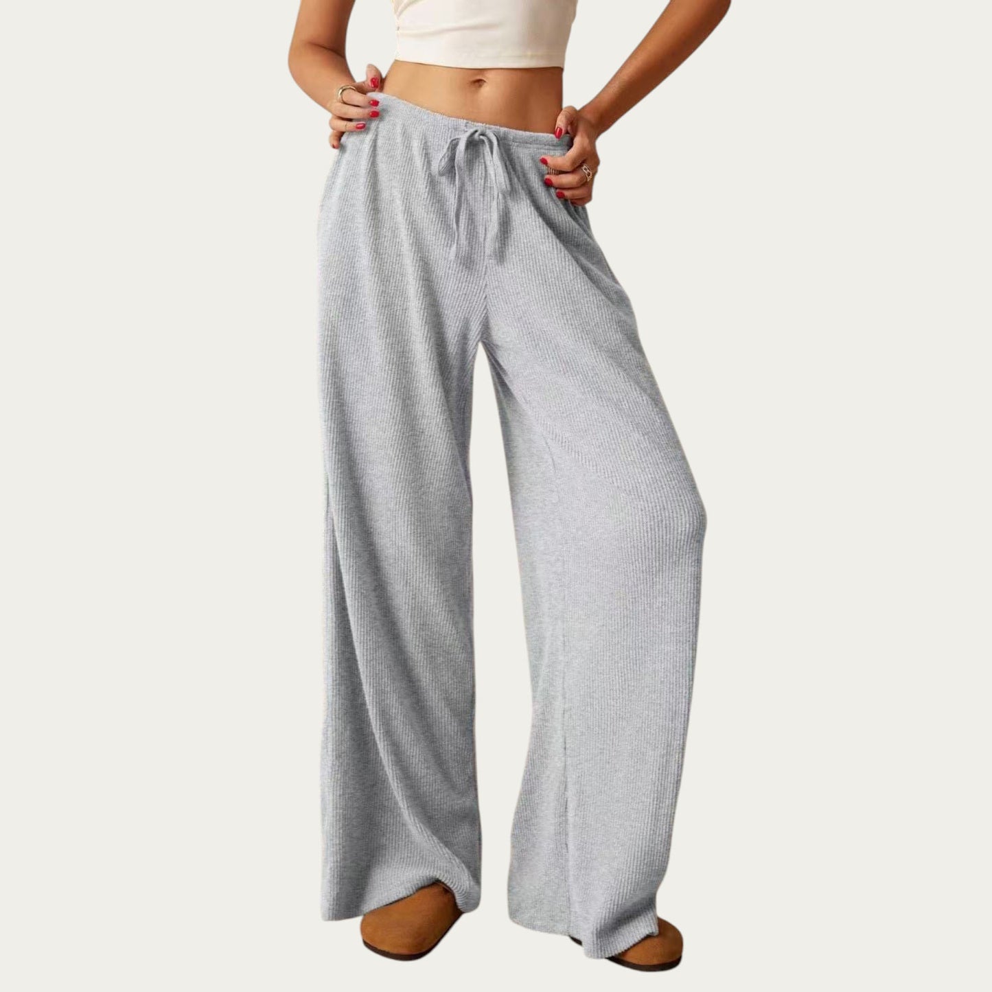 Soft Ribbed Pants with Wide Relaxed Legs Adjustable Drawstring Waistband and Stretch Fabric
