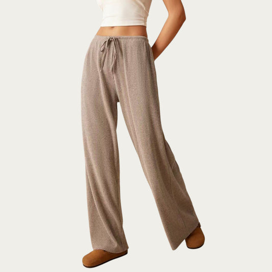 Soft Ribbed Pants with Wide Relaxed Legs Adjustable Drawstring Waistband and Stretch Fabric