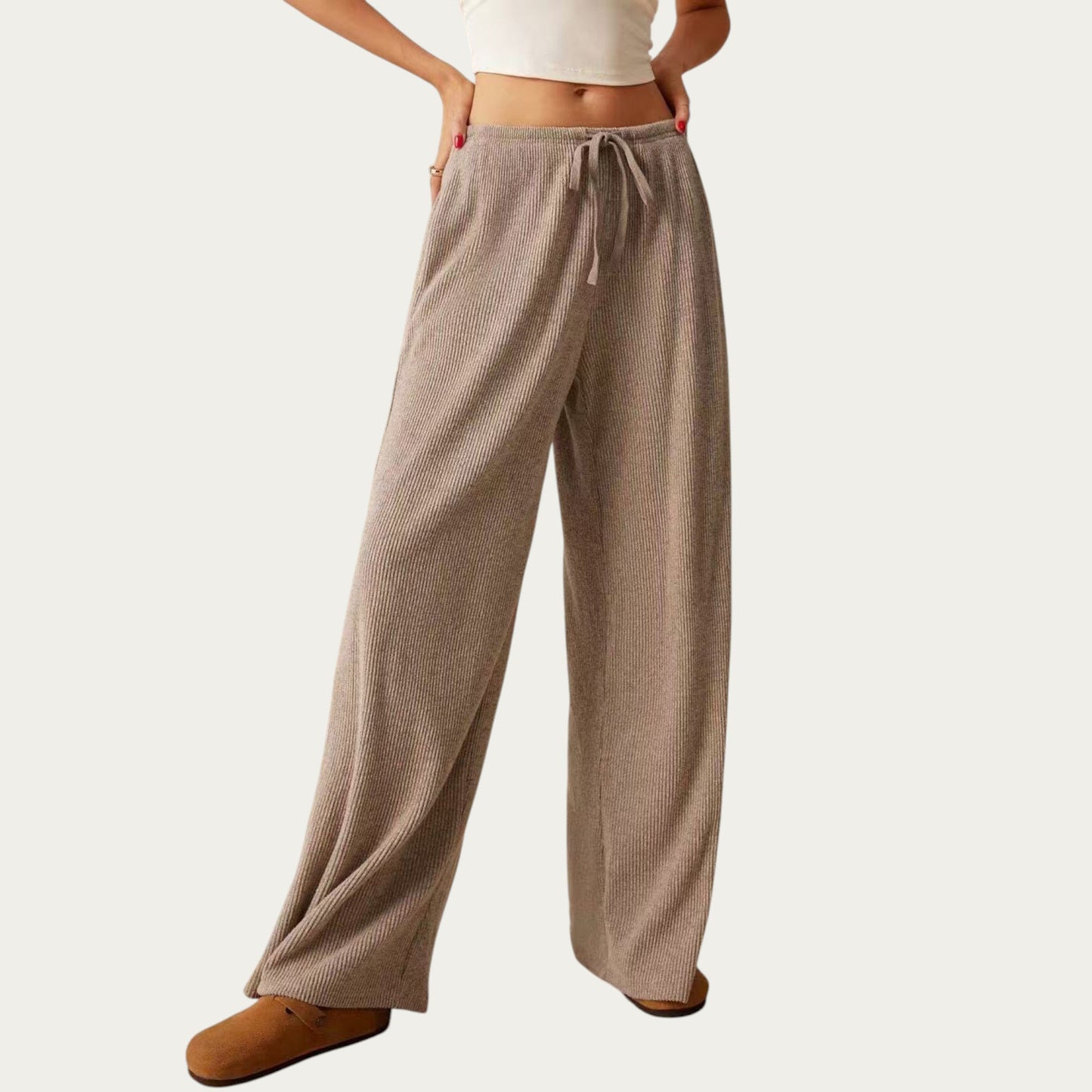 Soft Ribbed Pants with Wide Relaxed Legs Adjustable Drawstring Waistband and Stretch Fabric