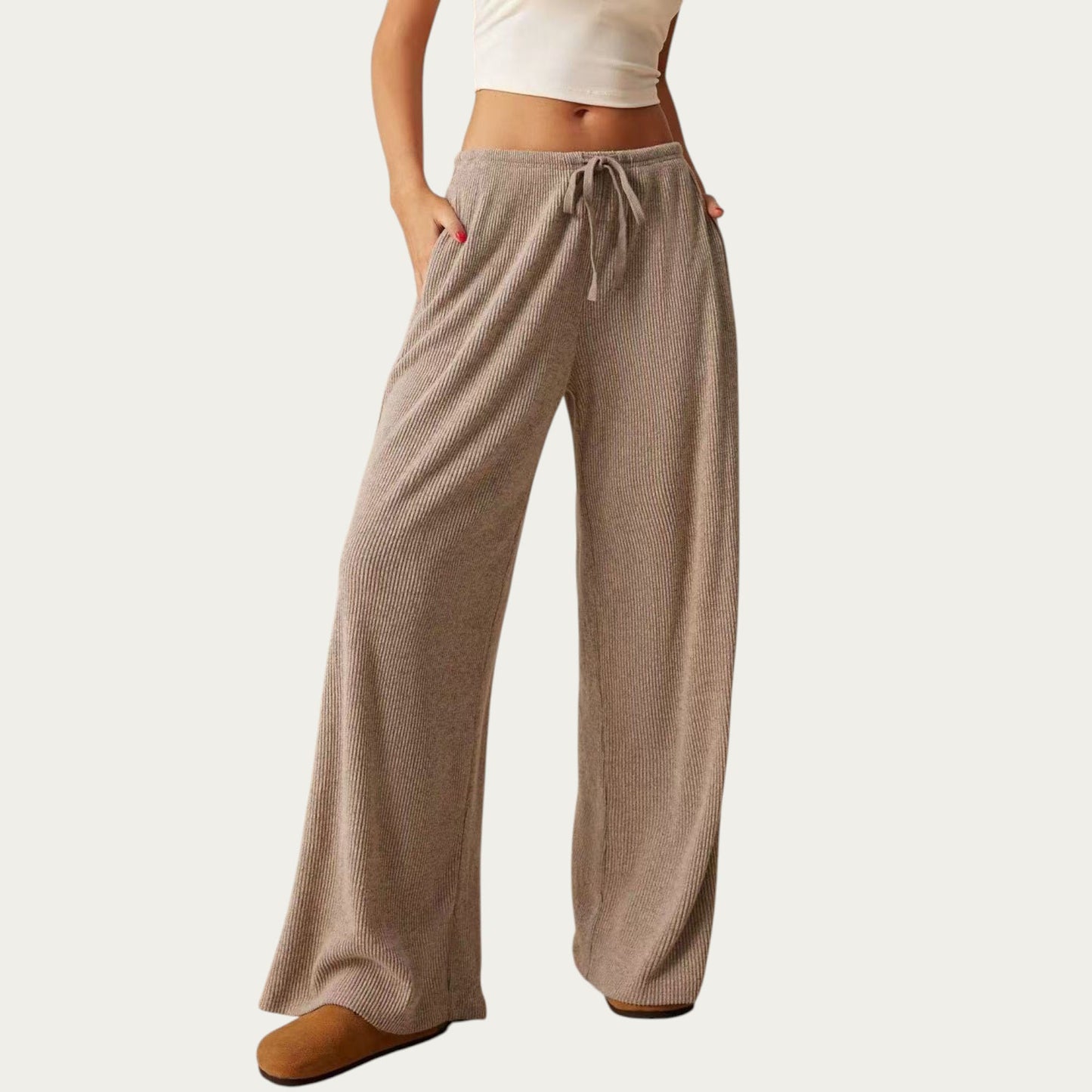 Soft Ribbed Pants with Wide Relaxed Legs Adjustable Drawstring Waistband and Stretch Fabric