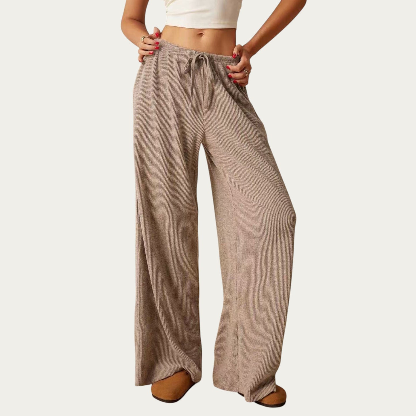 Soft Ribbed Pants with Wide Relaxed Legs Adjustable Drawstring Waistband and Stretch Fabric