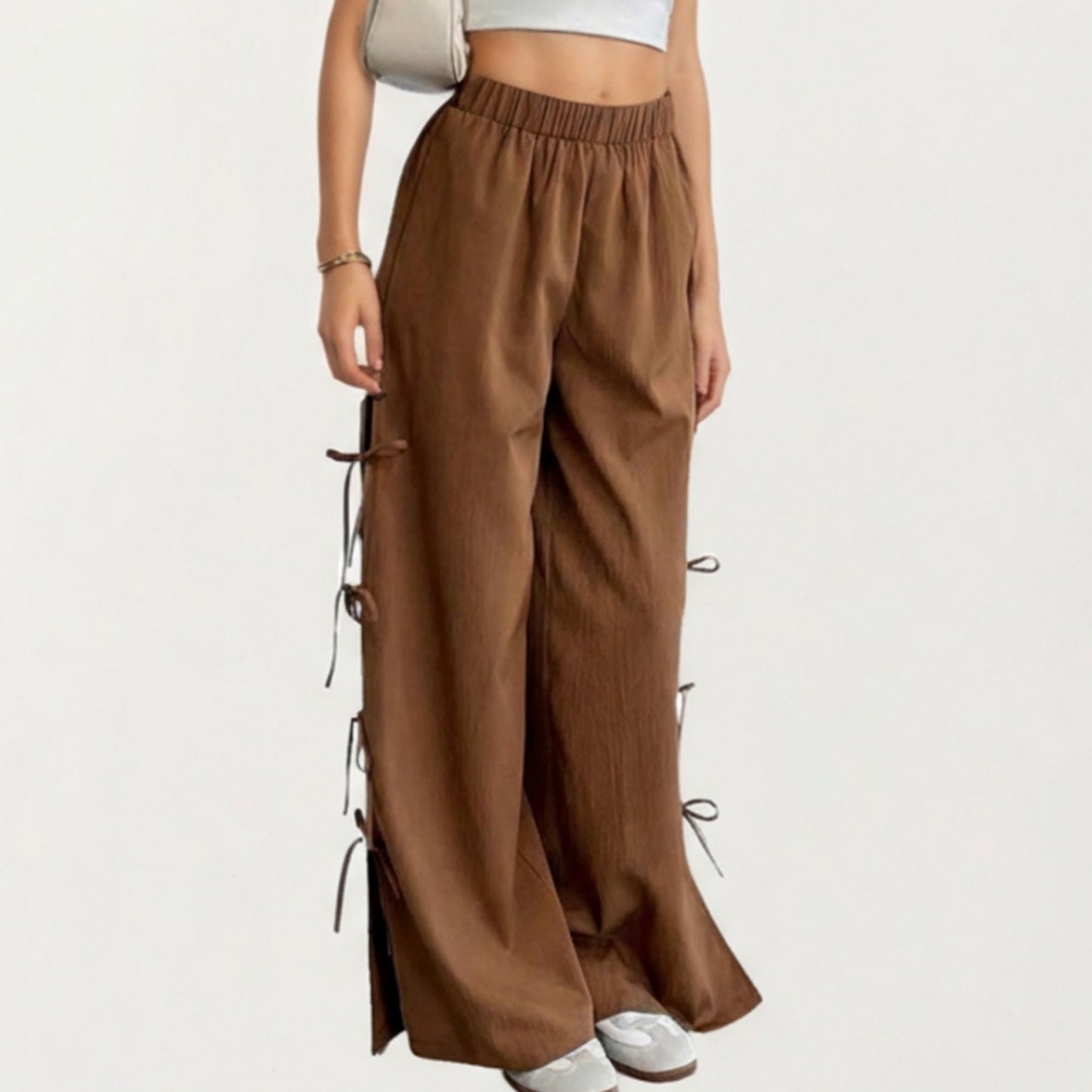 Wide Leg Lounge Pants with Soft Relaxed Fit Elastic Waistband and Adjustable Side Tie Accents