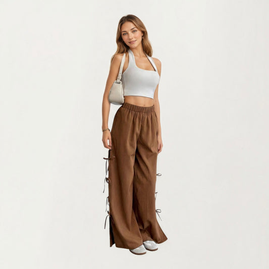 Wide Leg Lounge Pants with Soft Relaxed Fit Elastic Waistband and Adjustable Side Tie Accents