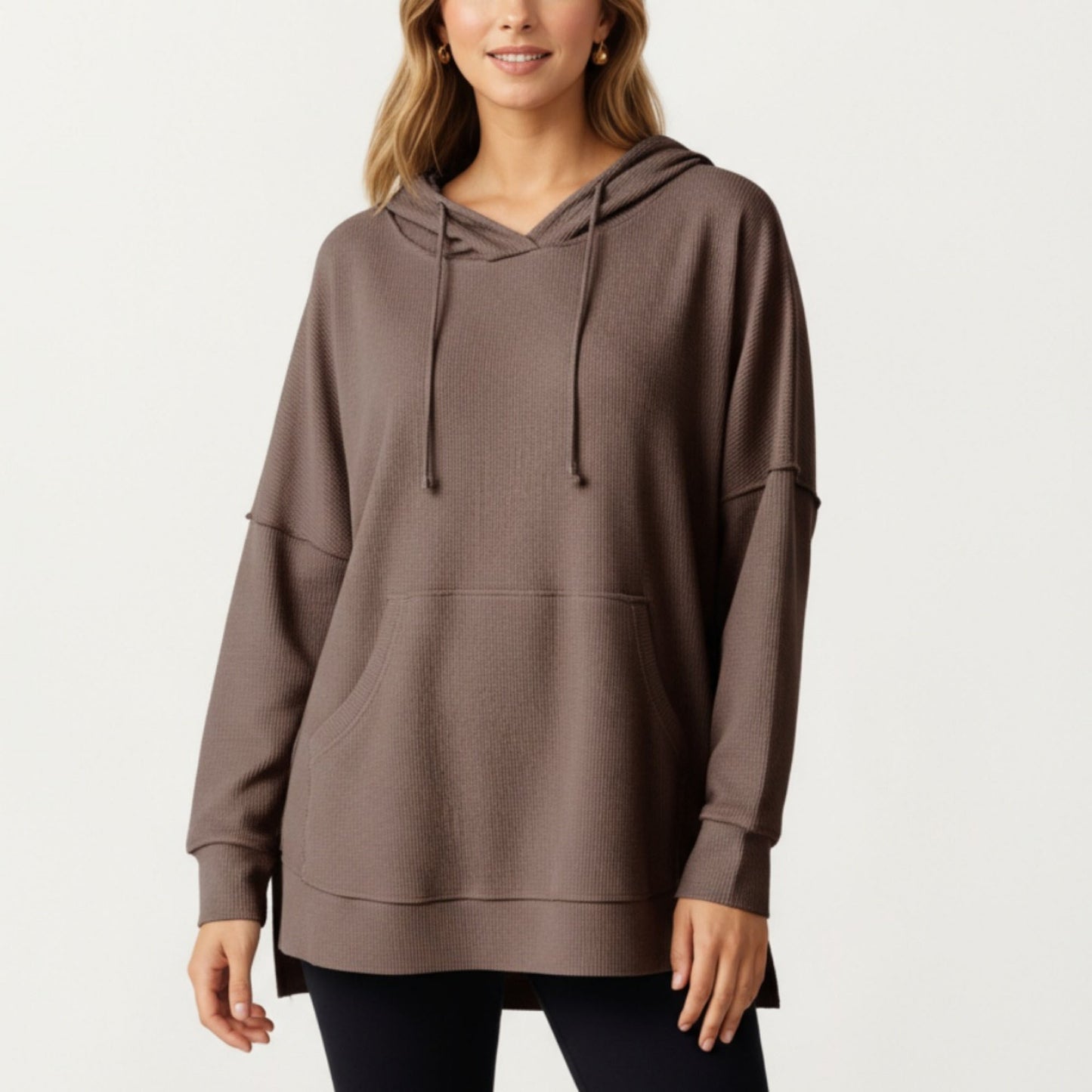 Long Sleeve Waffle Knit Hoodie Top with Kangaroo Pocket Soft Relaxed Fit Drop Shoulder Design