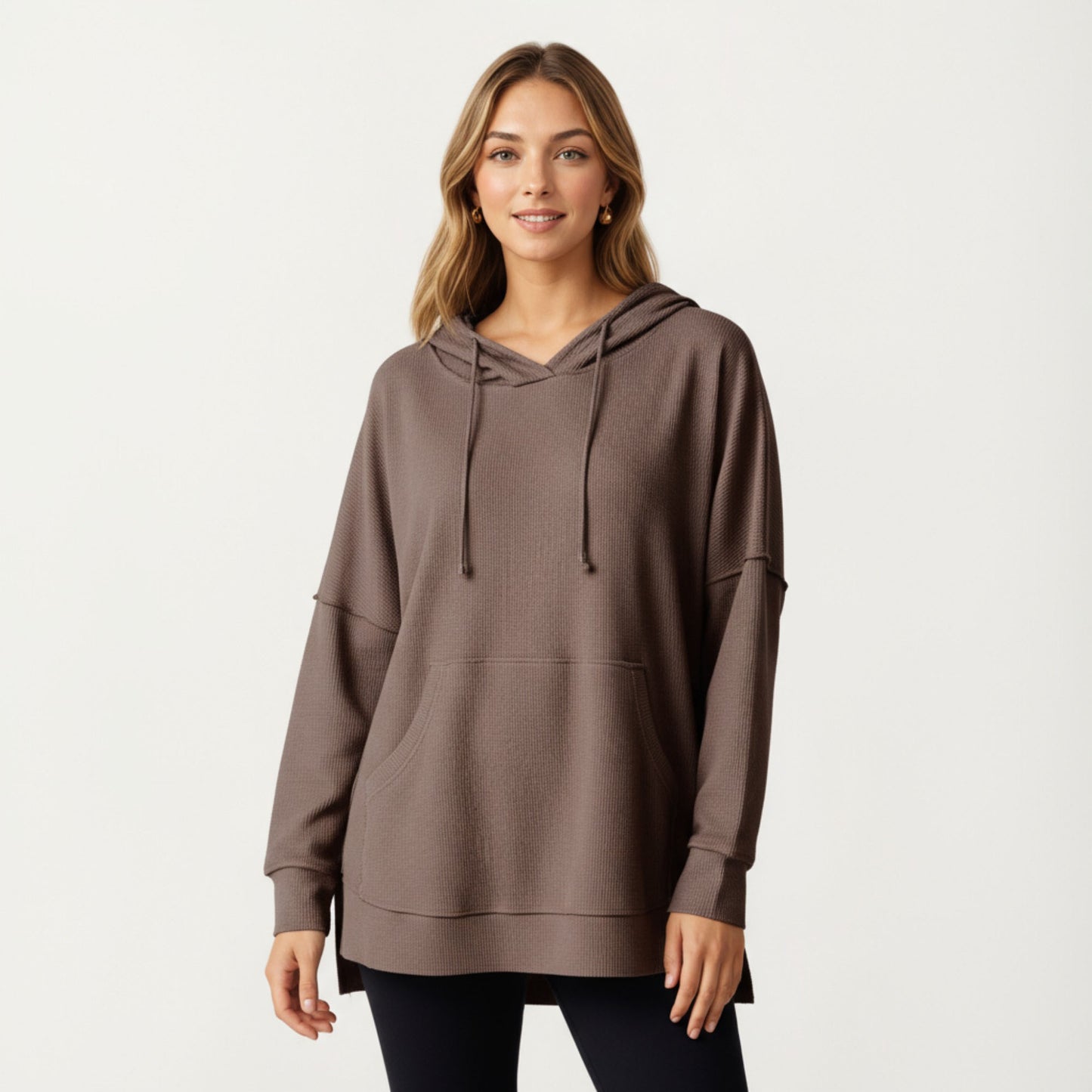 Long Sleeve Waffle Knit Hoodie Top with Kangaroo Pocket Soft Relaxed Fit Drop Shoulder Design