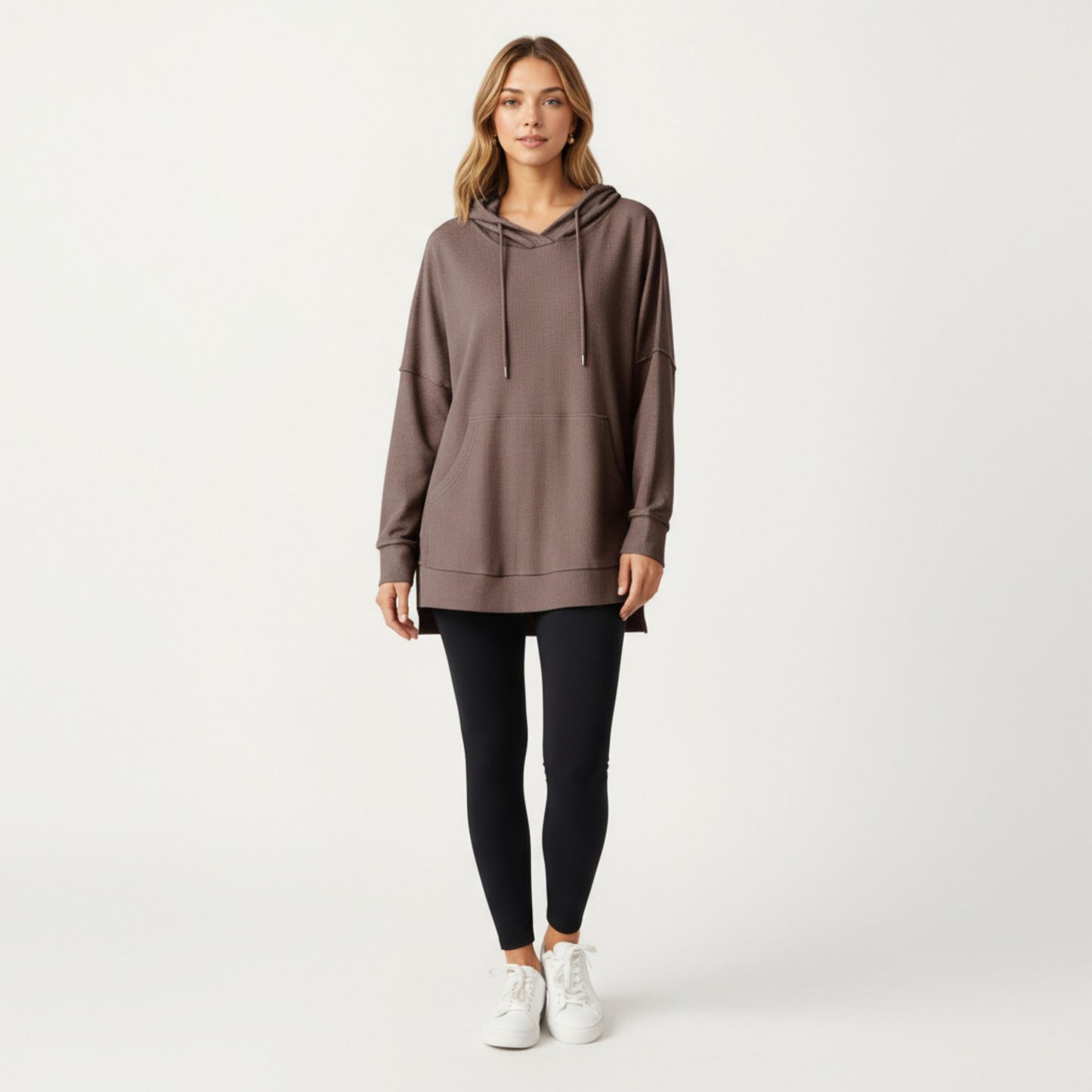 Long Sleeve Waffle Knit Hoodie Top with Kangaroo Pocket Soft Relaxed Fit Drop Shoulder Design