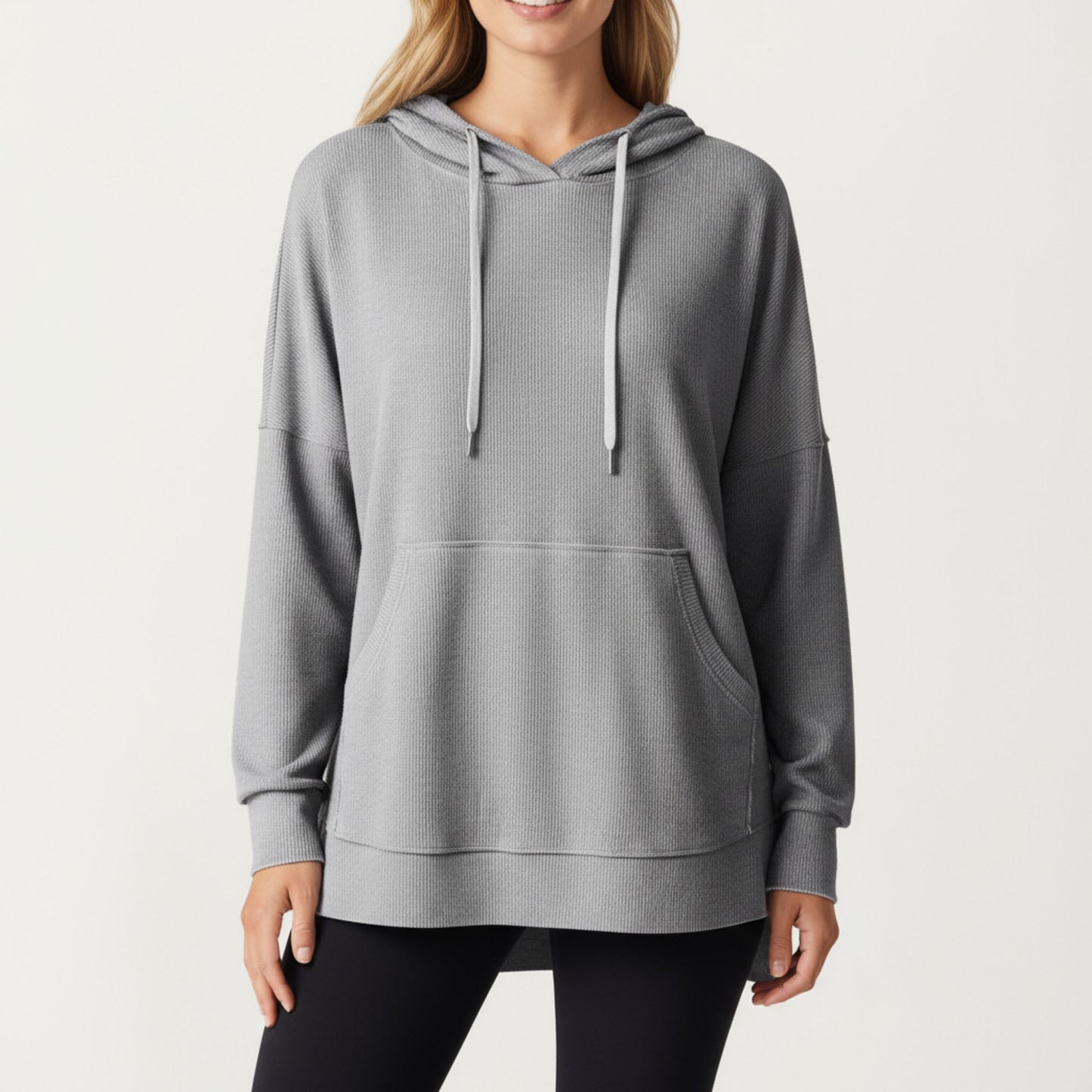 Long Sleeve Waffle Knit Hoodie Top with Kangaroo Pocket Soft Relaxed Fit Drop Shoulder Design