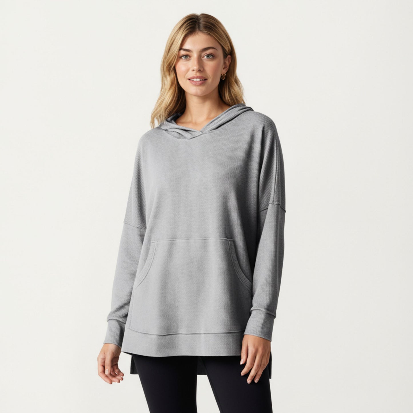 Long Sleeve Waffle Knit Hoodie Top with Kangaroo Pocket Soft Relaxed Fit Drop Shoulder Design
