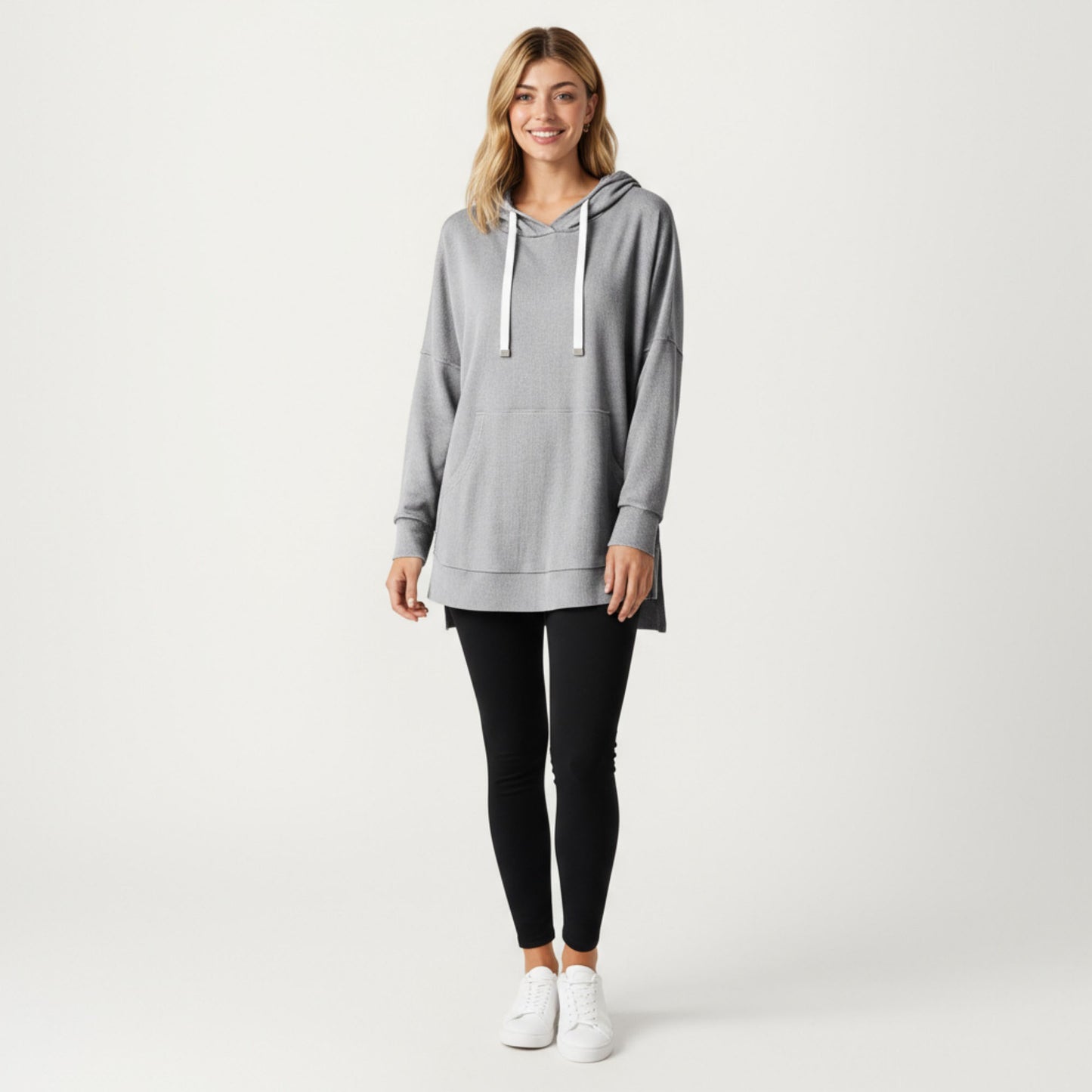 Long Sleeve Waffle Knit Hoodie Top with Kangaroo Pocket Soft Relaxed Fit Drop Shoulder Design