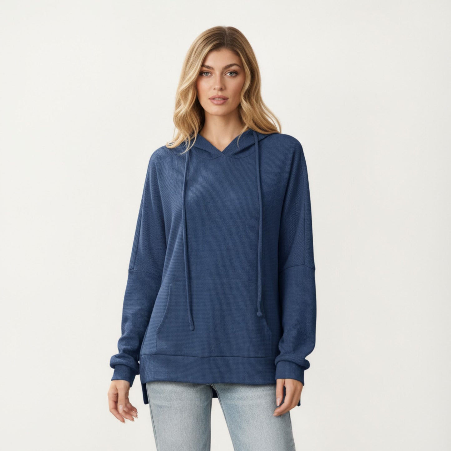 Long Sleeve Waffle Knit Hoodie Top with Kangaroo Pocket Soft Relaxed Fit Drop Shoulder Design