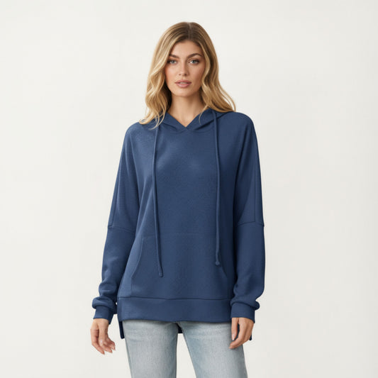 Long Sleeve Waffle Knit Hoodie Top with Kangaroo Pocket Soft Relaxed Fit Drop Shoulder Design