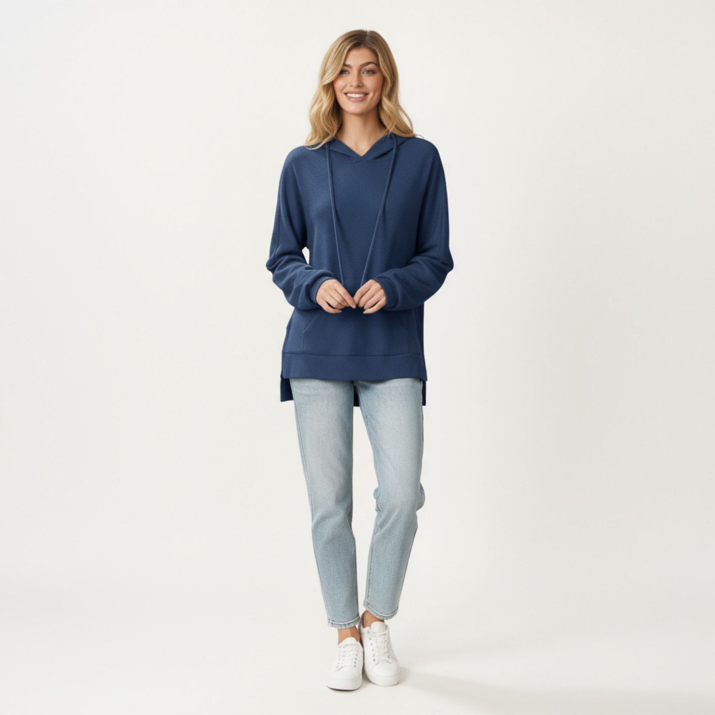 Long Sleeve Waffle Knit Hoodie Top with Kangaroo Pocket Soft Relaxed Fit Drop Shoulder Design