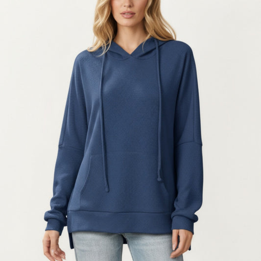 Long Sleeve Waffle Knit Hoodie Top with Kangaroo Pocket Soft Relaxed Fit Drop Shoulder Design