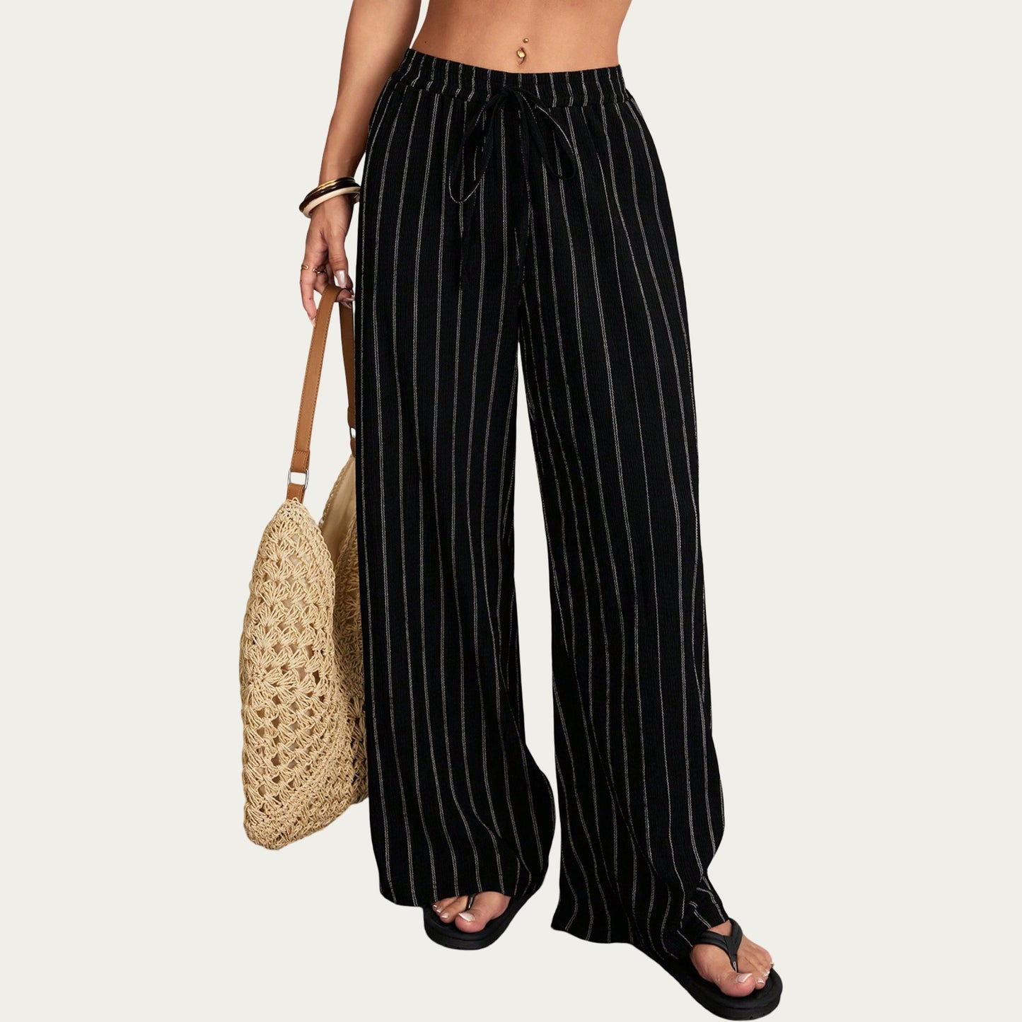 High Waist Wide Leg Lounge Pants with Vertical Stripe Pattern, Adjustable Drawstring Waist, and Relaxed Fit