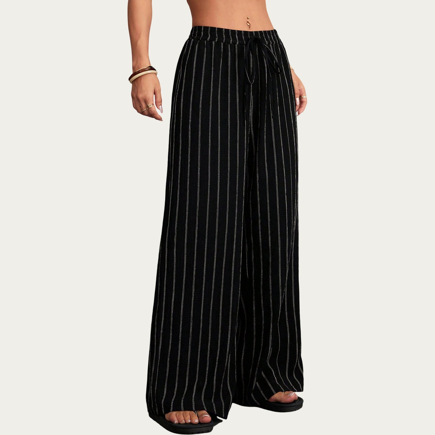 High Waist Wide Leg Lounge Pants with Vertical Stripe Pattern, Adjustable Drawstring Waist, and Relaxed Fit