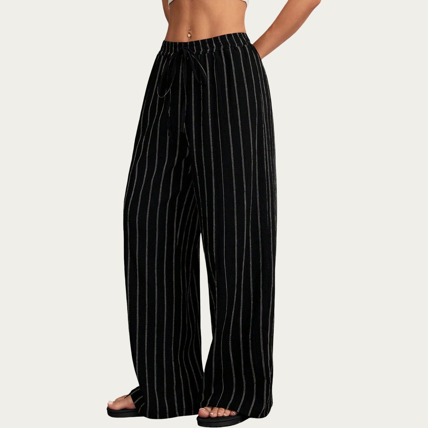 High Waist Wide Leg Lounge Pants with Vertical Stripe Pattern, Adjustable Drawstring Waist, and Relaxed Fit