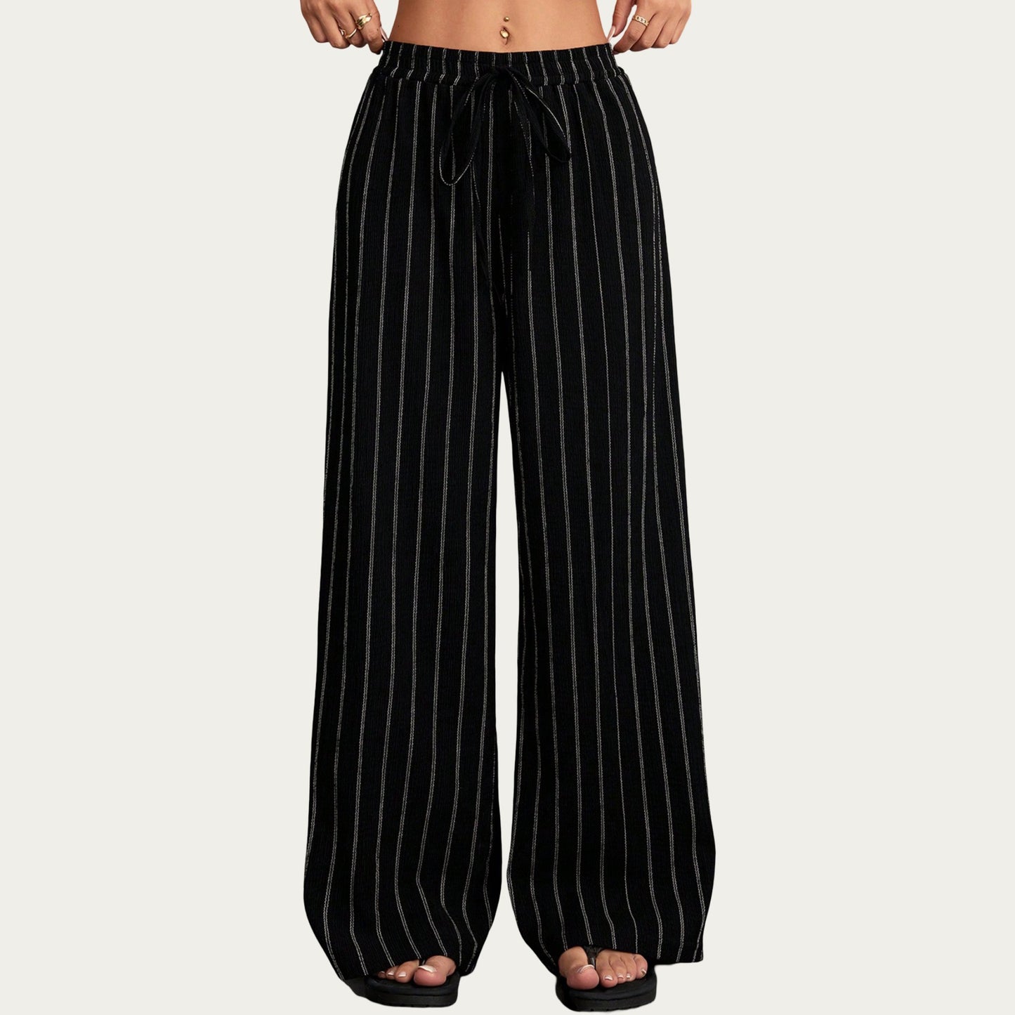 High Waist Wide Leg Lounge Pants with Vertical Stripe Pattern, Adjustable Drawstring Waist, and Relaxed Fit