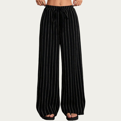 High Waist Wide Leg Lounge Pants with Vertical Stripe Pattern, Adjustable Drawstring Waist, and Relaxed Fit