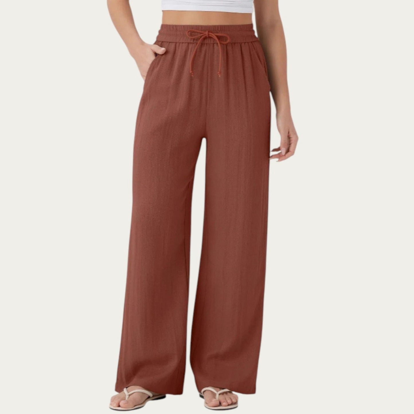 High Waist Drawstring Lounge Pants with Wide Leg Silhouette Soft Relaxed Knit Fabric