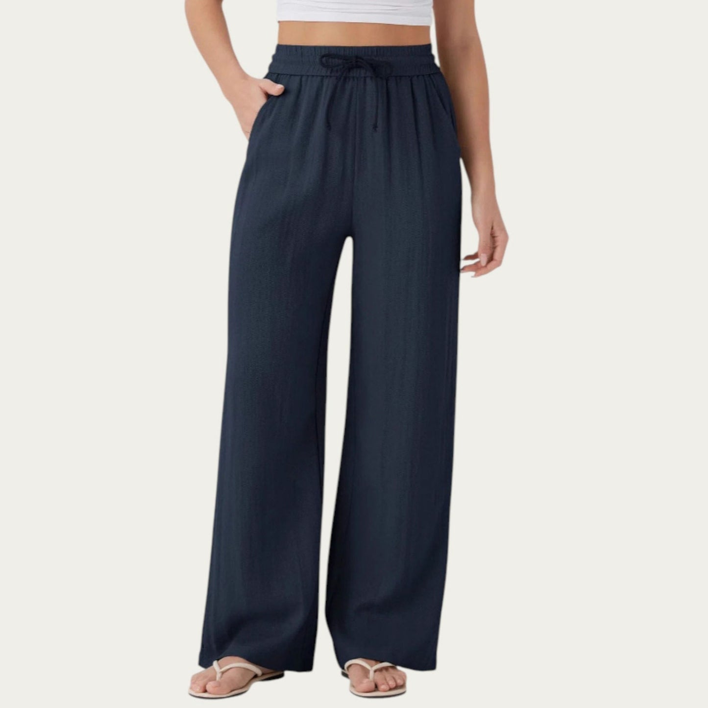 High Waist Drawstring Lounge Pants with Wide Leg Silhouette Soft Relaxed Knit Fabric