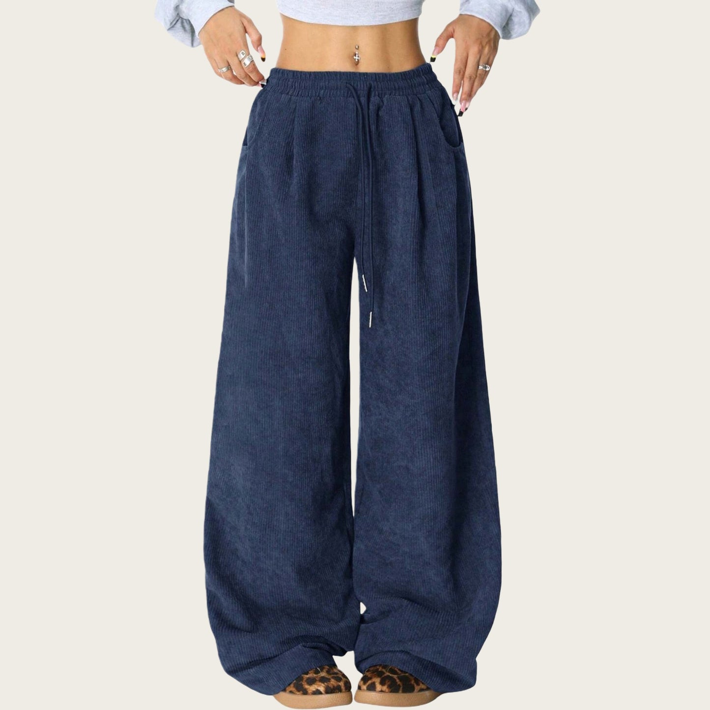 High Waist Wide Leg Lounge Pants with Adjustable Drawstring Waist, Soft Textured Knit Fabric, and Relaxed Fit