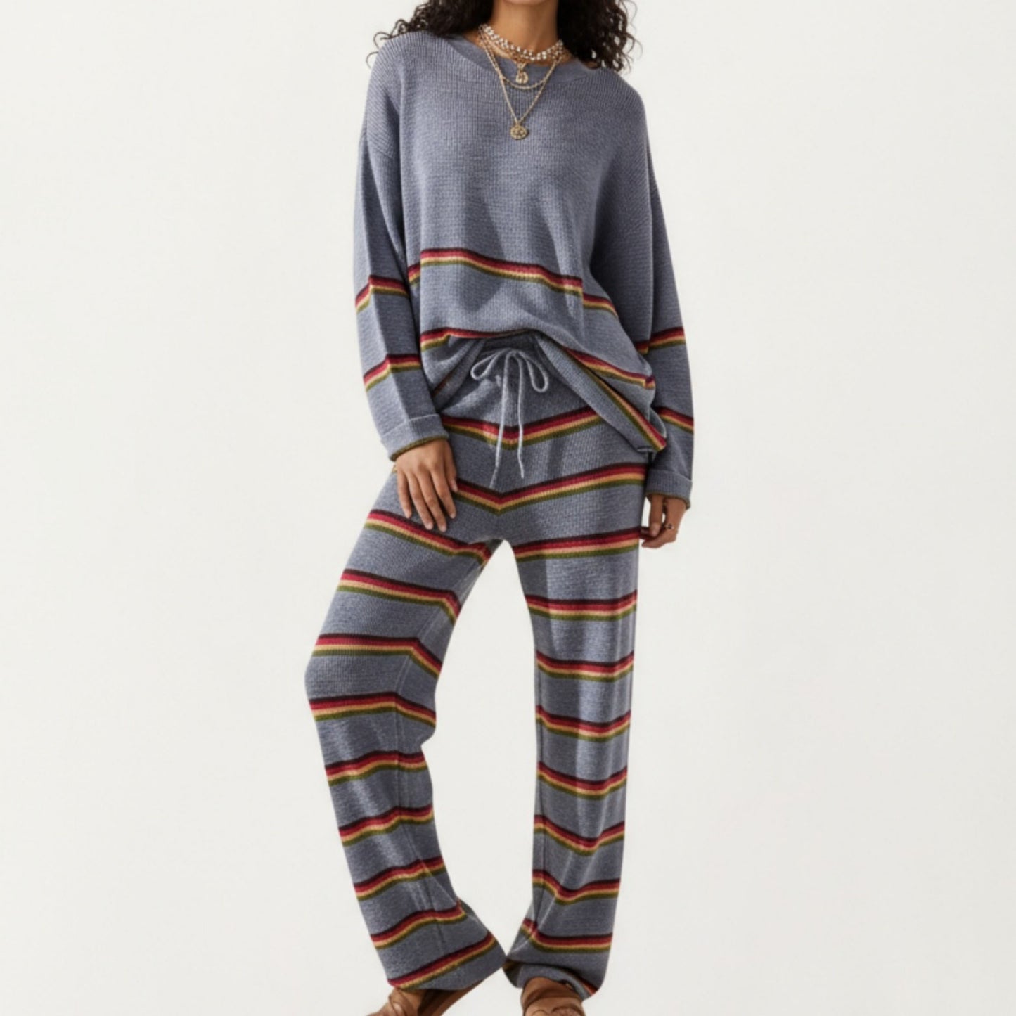 Striped Long Sleeve Top and Wide Leg Pant Set with Soft Textured Knit Fabric and Adjustable Drawstring Waistband