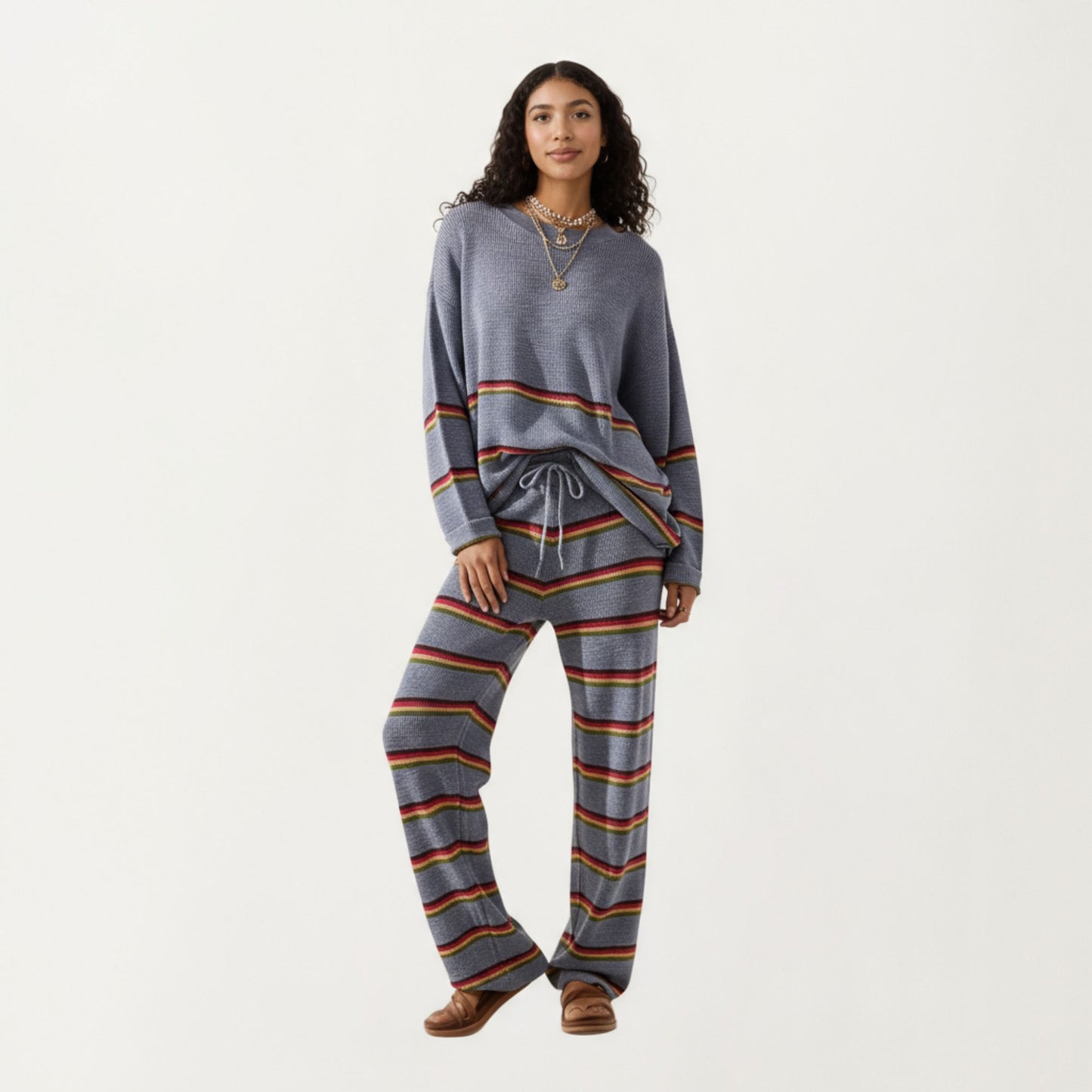 Striped Long Sleeve Top and Wide Leg Pant Set with Soft Textured Knit Fabric and Adjustable Drawstring Waistband