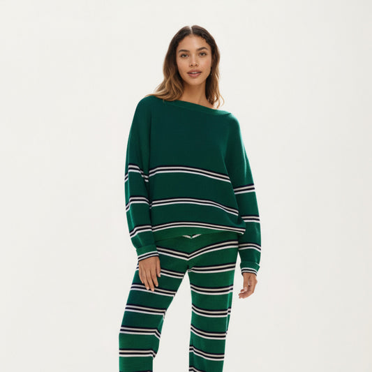 Striped Long Sleeve Top and Wide Leg Pant Set with Soft Textured Knit Fabric and Adjustable Drawstring Waistband