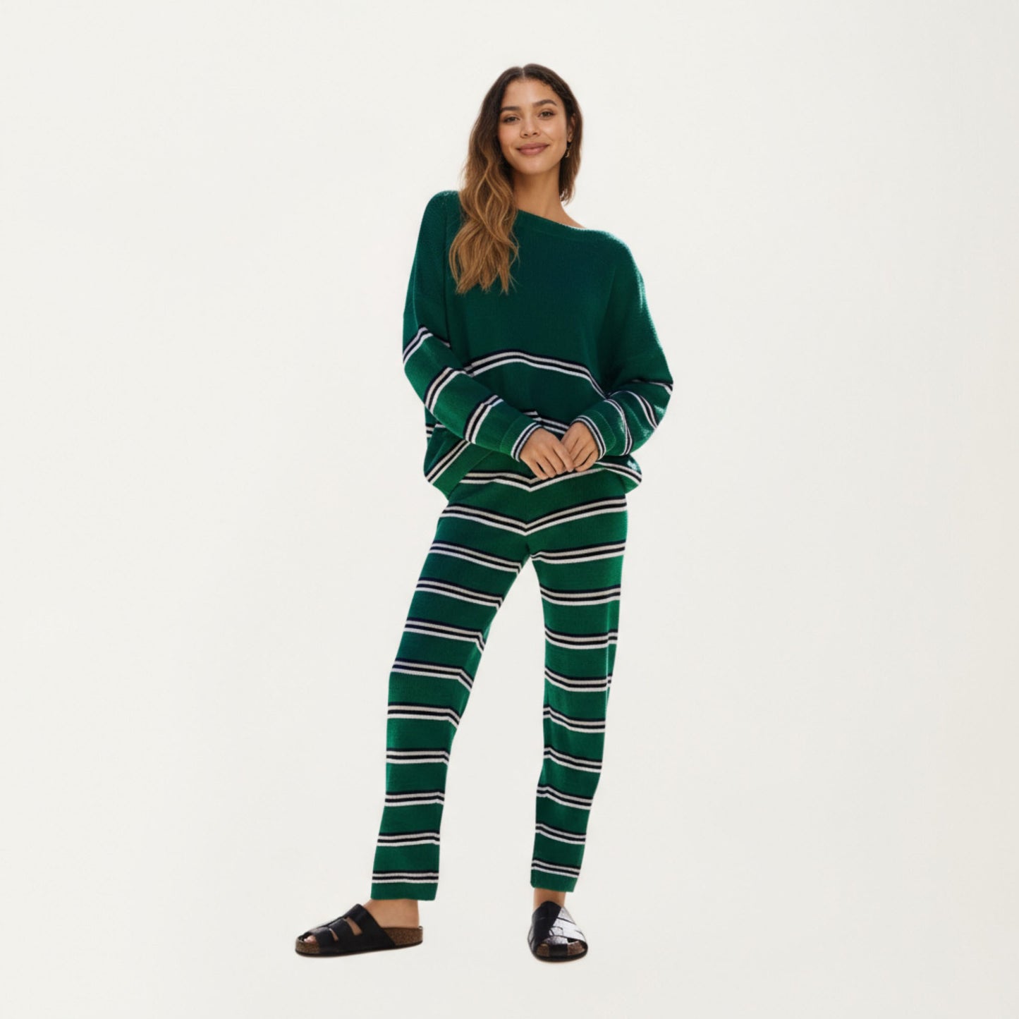 Striped Long Sleeve Top and Wide Leg Pant Set with Soft Textured Knit Fabric and Adjustable Drawstring Waistband