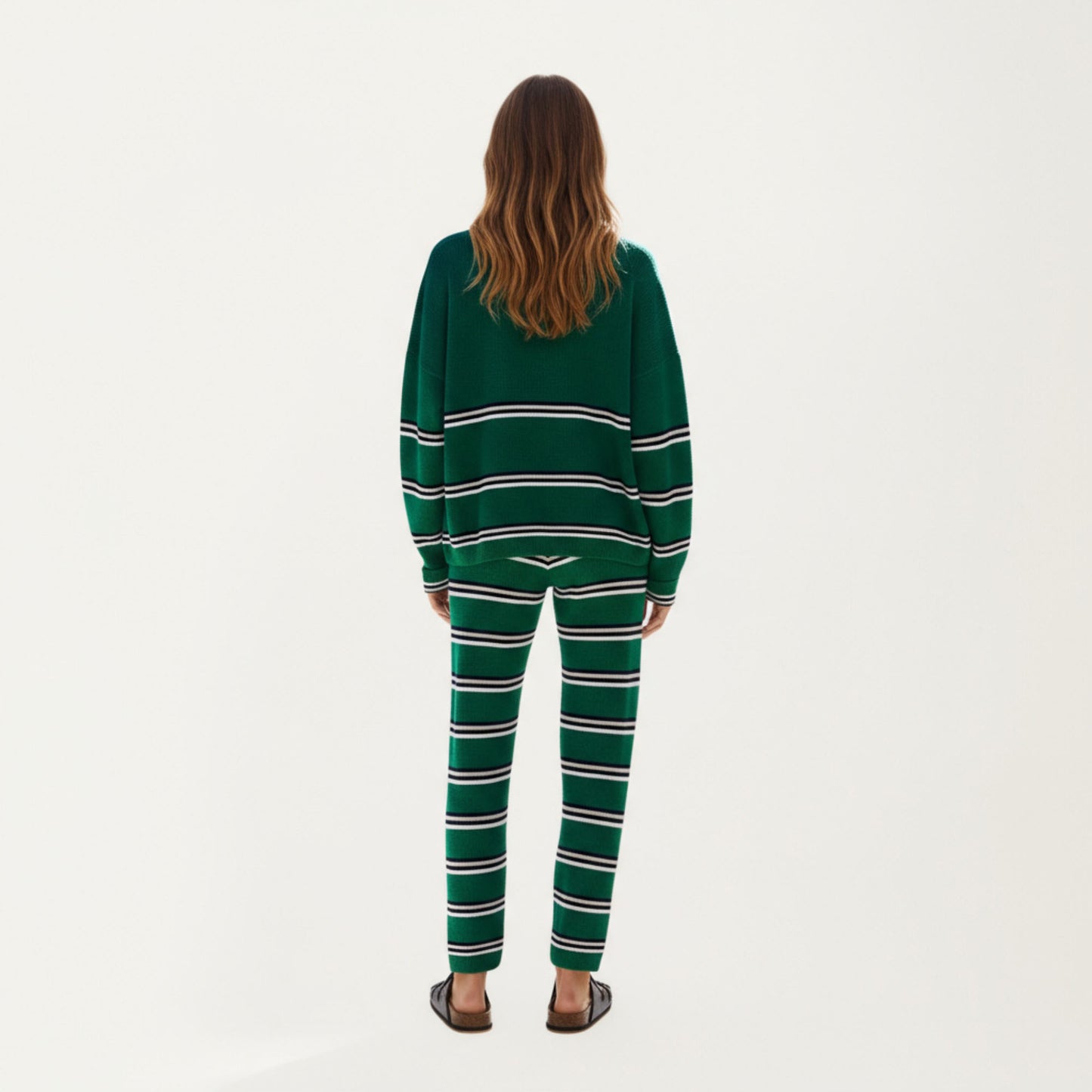 Striped Long Sleeve Top and Wide Leg Pant Set with Soft Textured Knit Fabric and Adjustable Drawstring Waistband