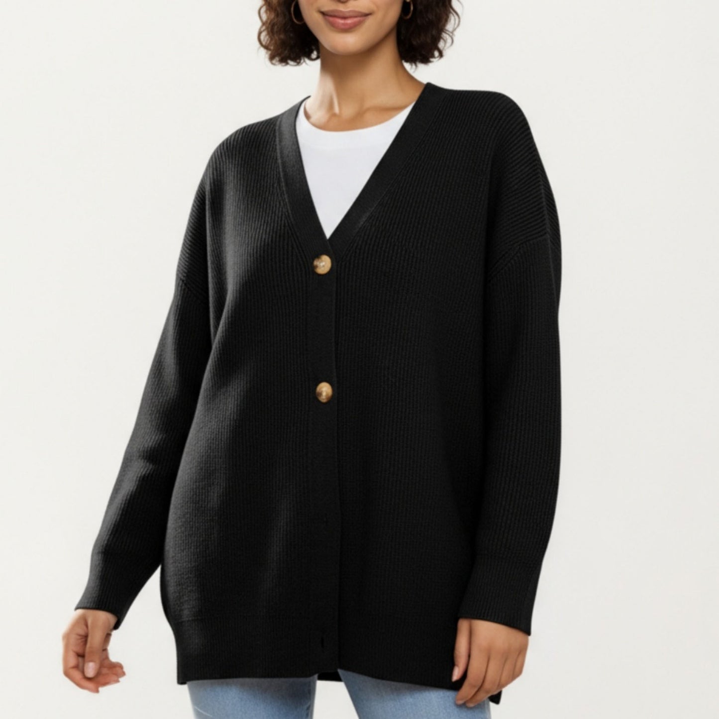 Oversized Rib Knit Button Front Cardigan with Relaxed Drop-Shoulder Silhouette and Soft Textured Feel
