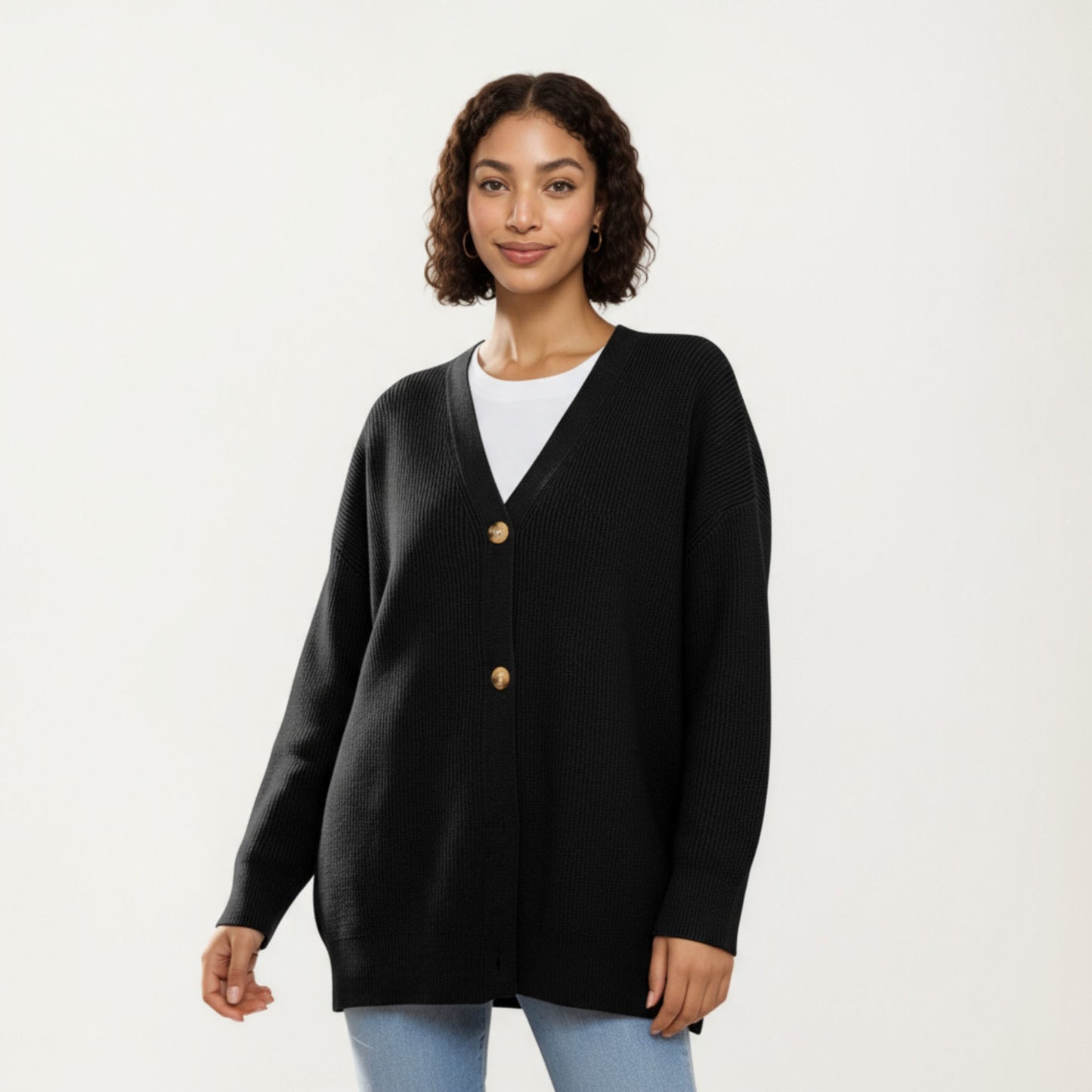 Oversized Rib Knit Button Front Cardigan with Relaxed Drop-Shoulder Silhouette and Soft Textured Feel