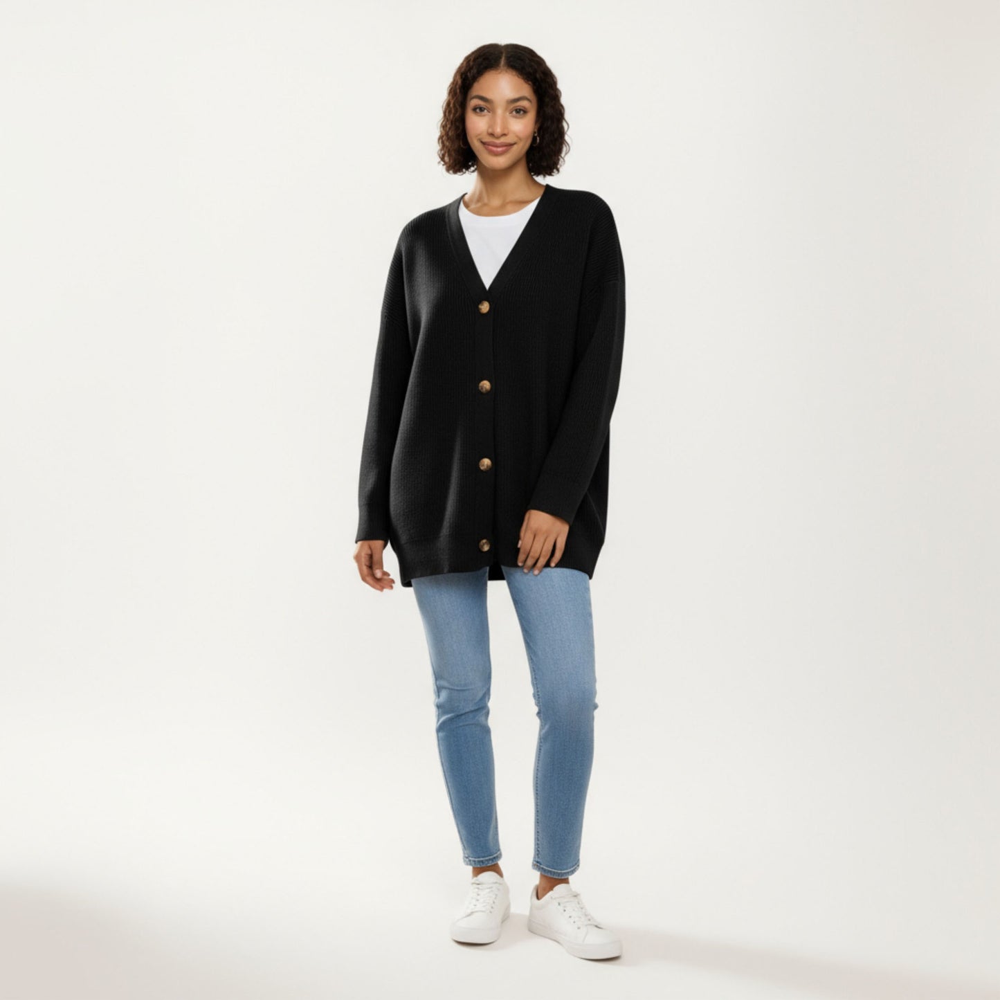 Oversized Rib Knit Button Front Cardigan with Relaxed Drop-Shoulder Silhouette and Soft Textured Feel