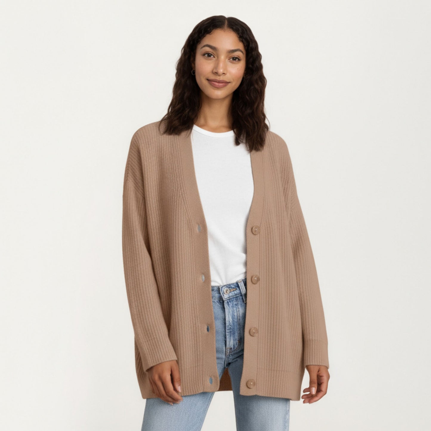Oversized Rib Knit Button Front Cardigan with Relaxed Drop-Shoulder Silhouette and Soft Textured Feel
