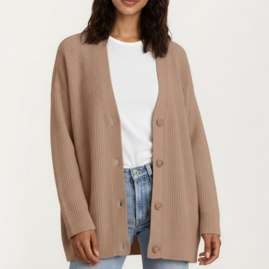 Oversized Rib Knit Button Front Cardigan with Relaxed Drop-Shoulder Silhouette and Soft Textured Feel