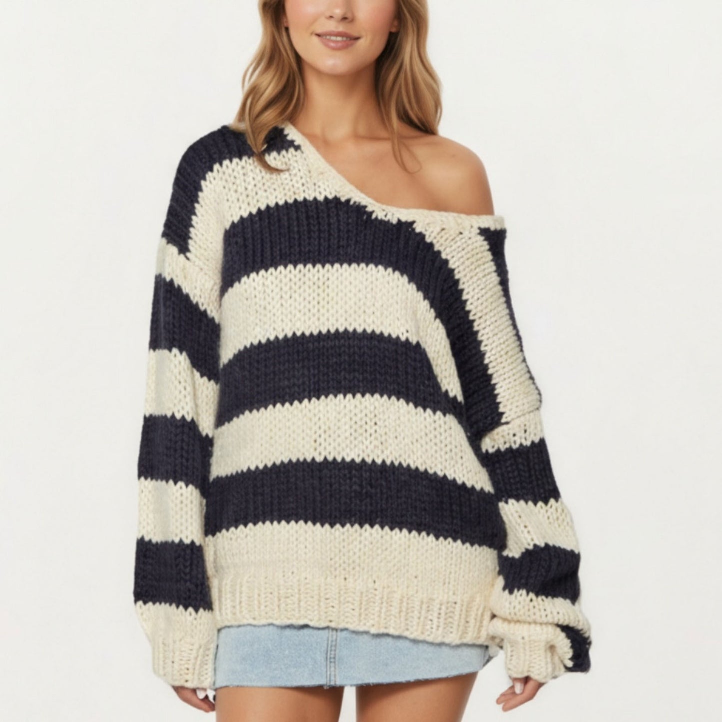 Oversized Striped Knit Sweater with Soft Chunky Texture Slouchy Off-Shoulder Fit and Drop-Sleeve Silhouette